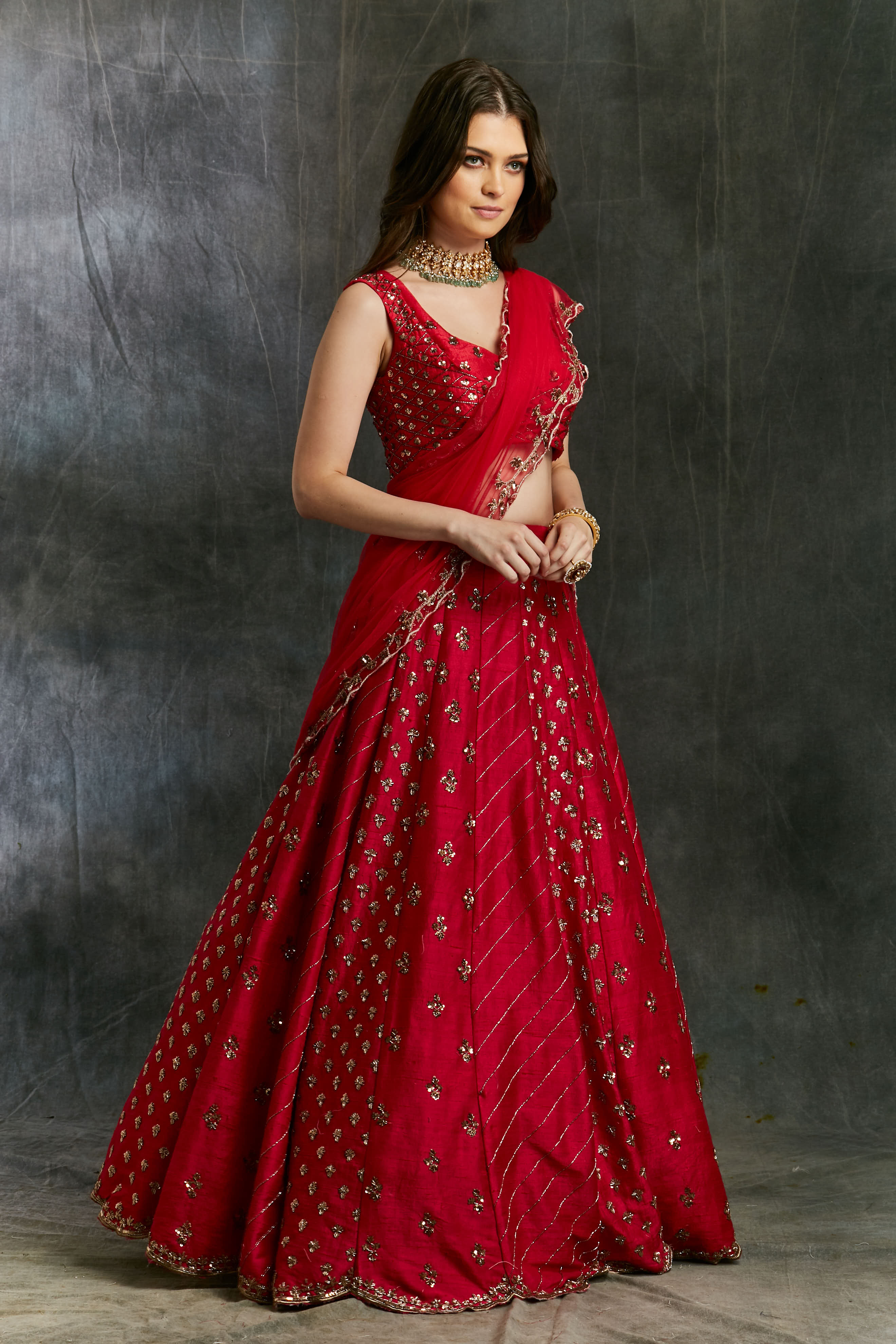 Dark Pink Raw Silk Booti Lehenga Set