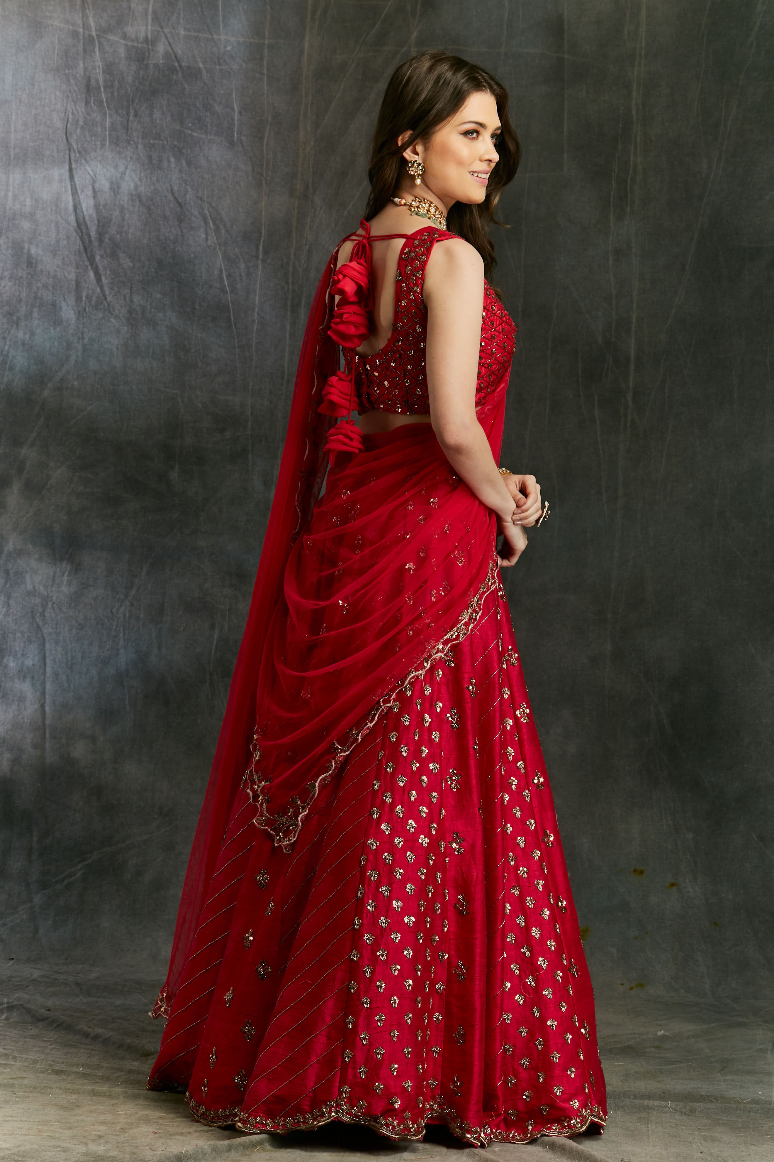 Dark Pink Raw Silk Booti Lehenga Set
