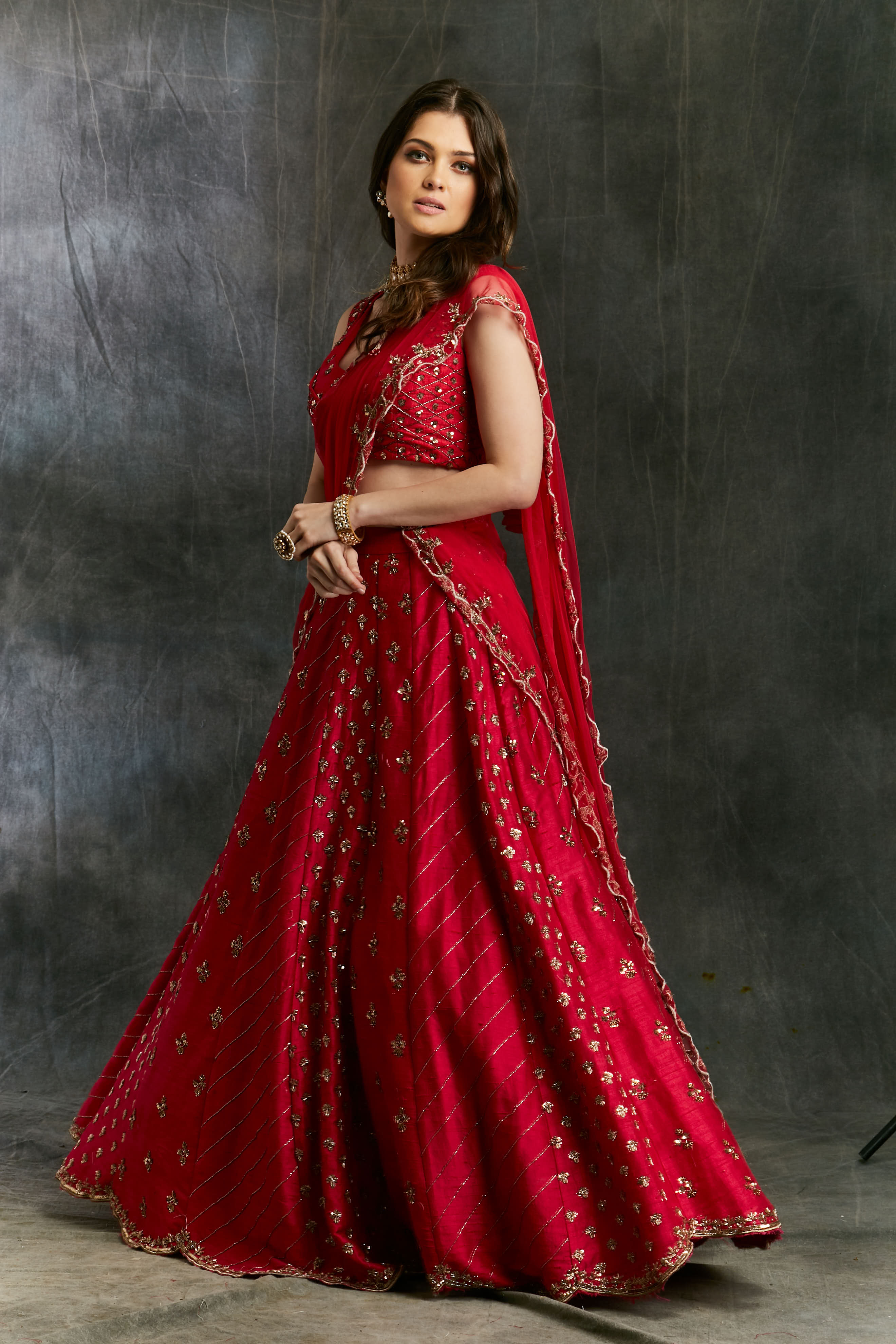 Dark Pink Raw Silk Booti Lehenga Set