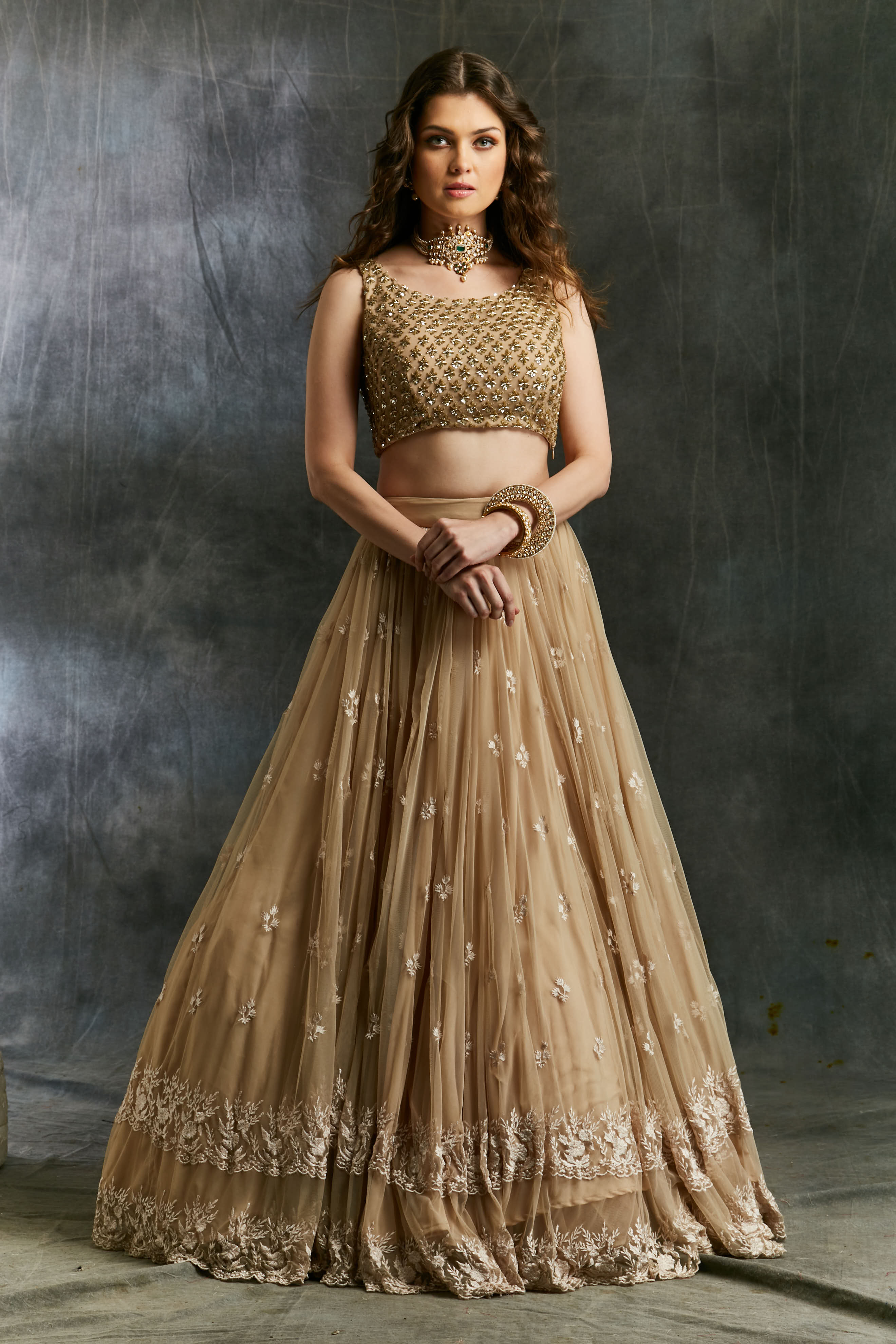 Beige Threadwork Lehenga With Shimmer Choli