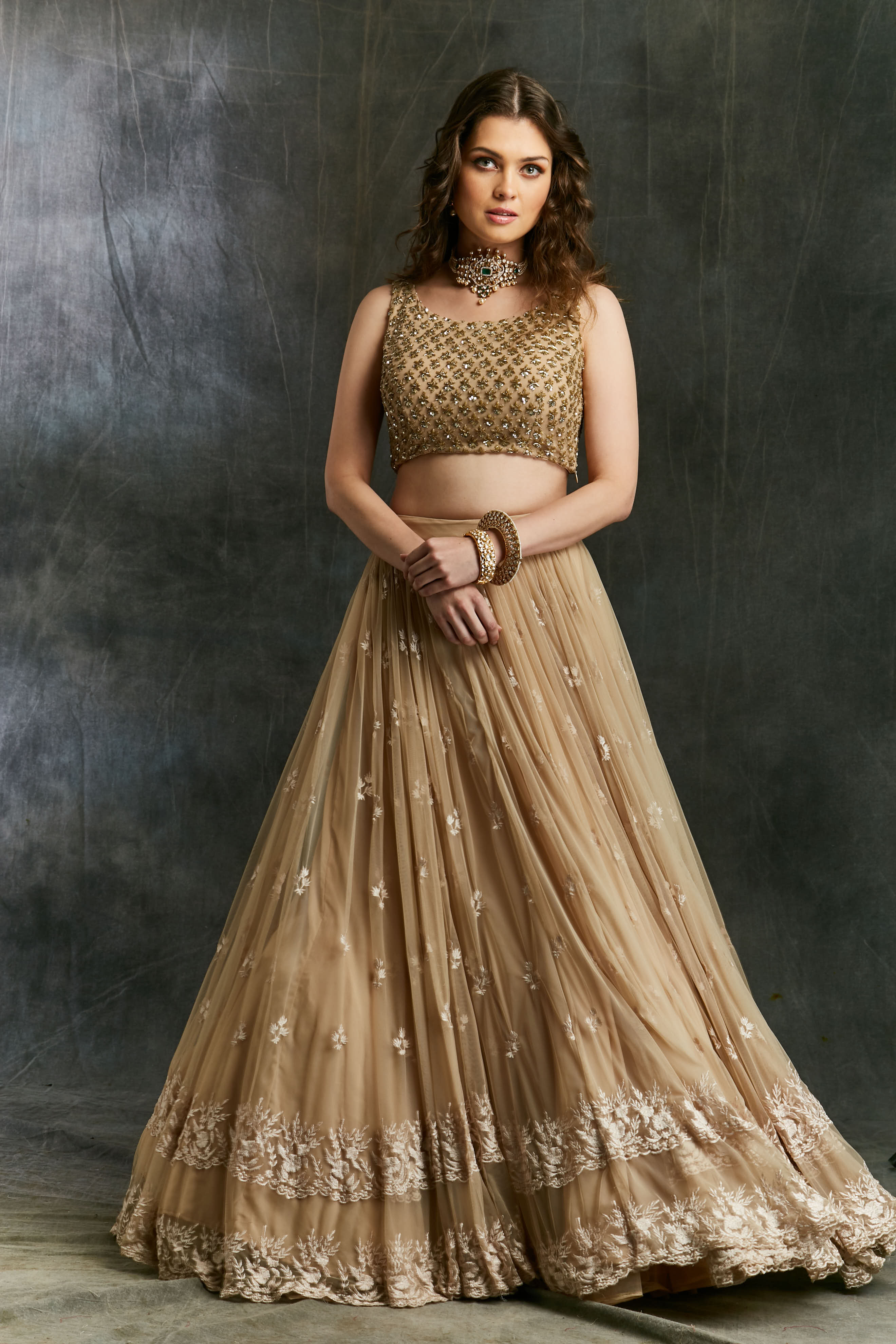 Beige Threadwork Lehenga With Shimmer Choli