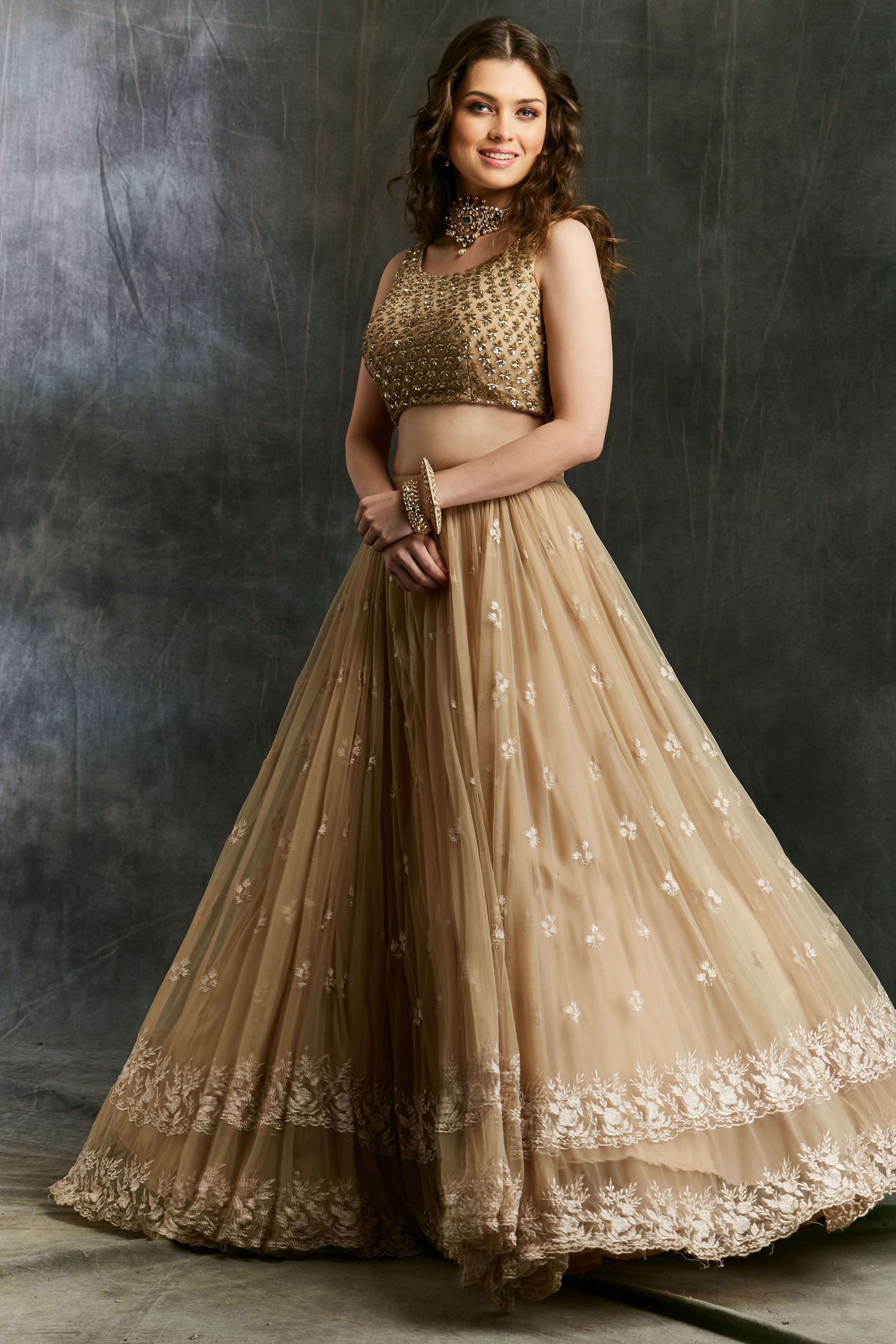 Beige Threadwork Lehenga With Shimmer Choli