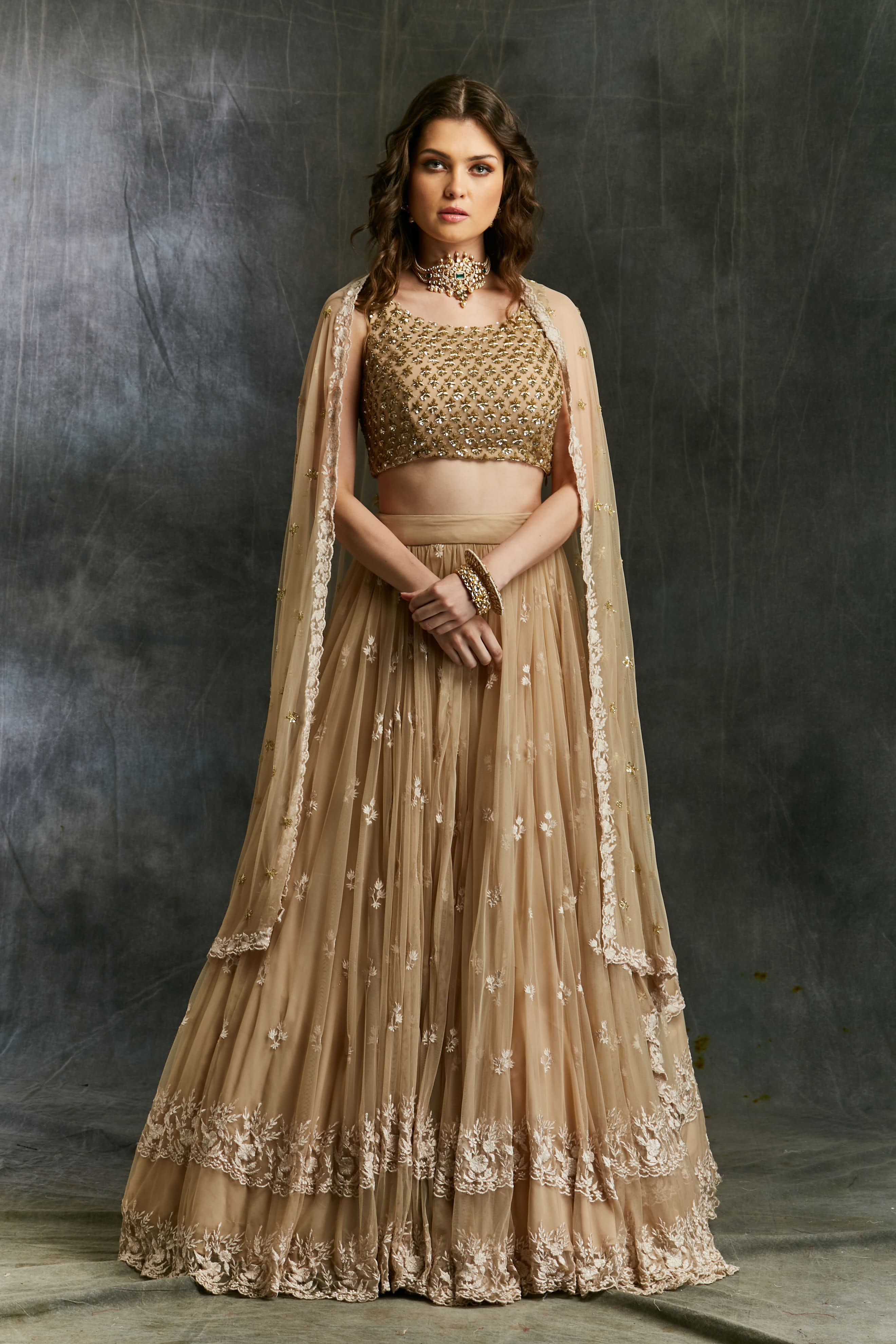 Beige Threadwork Lehenga With Shimmer Choli