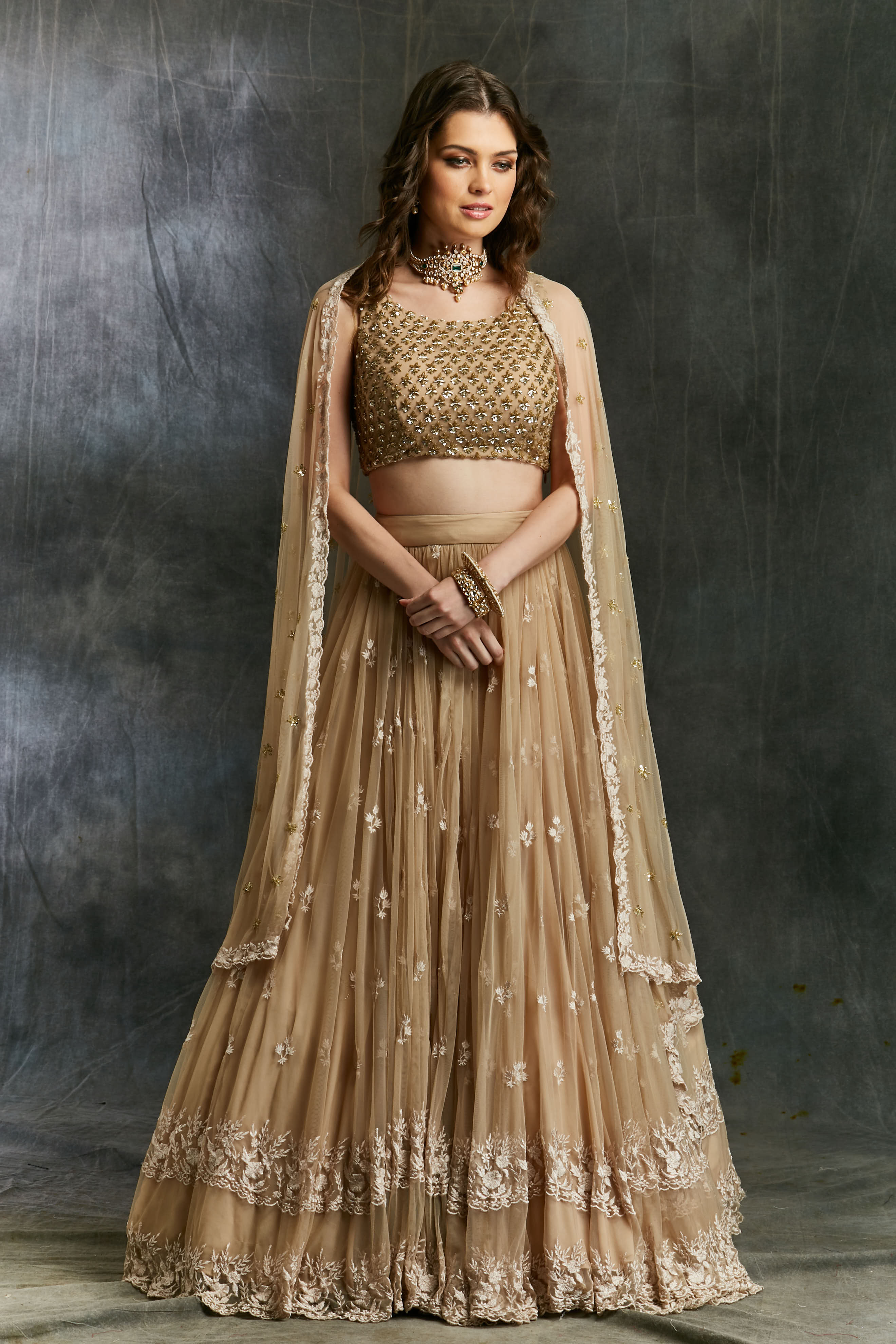 Beige Threadwork Lehenga With Shimmer Choli