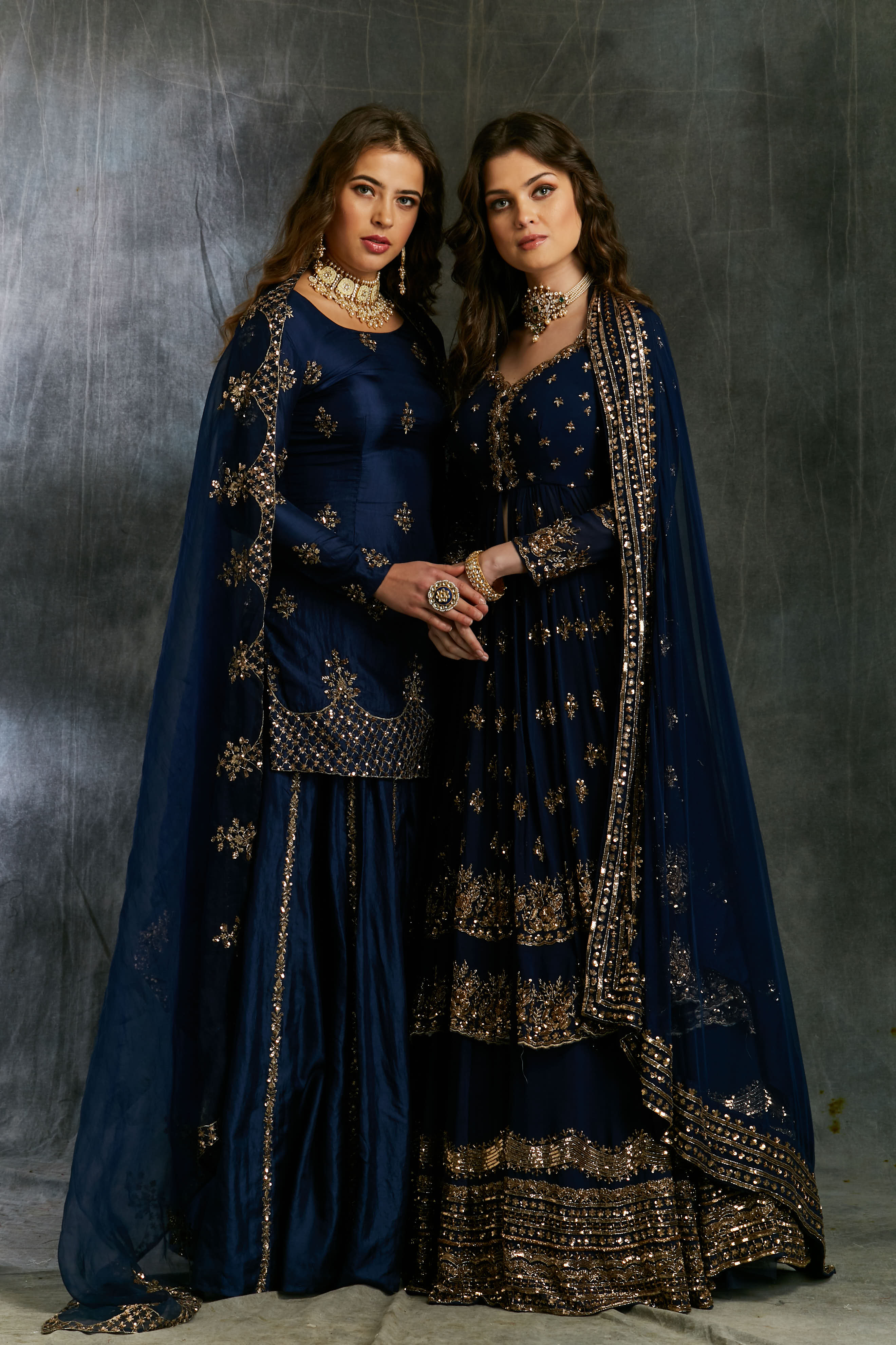 Dark Blue Gold Jacket With Border Skirt