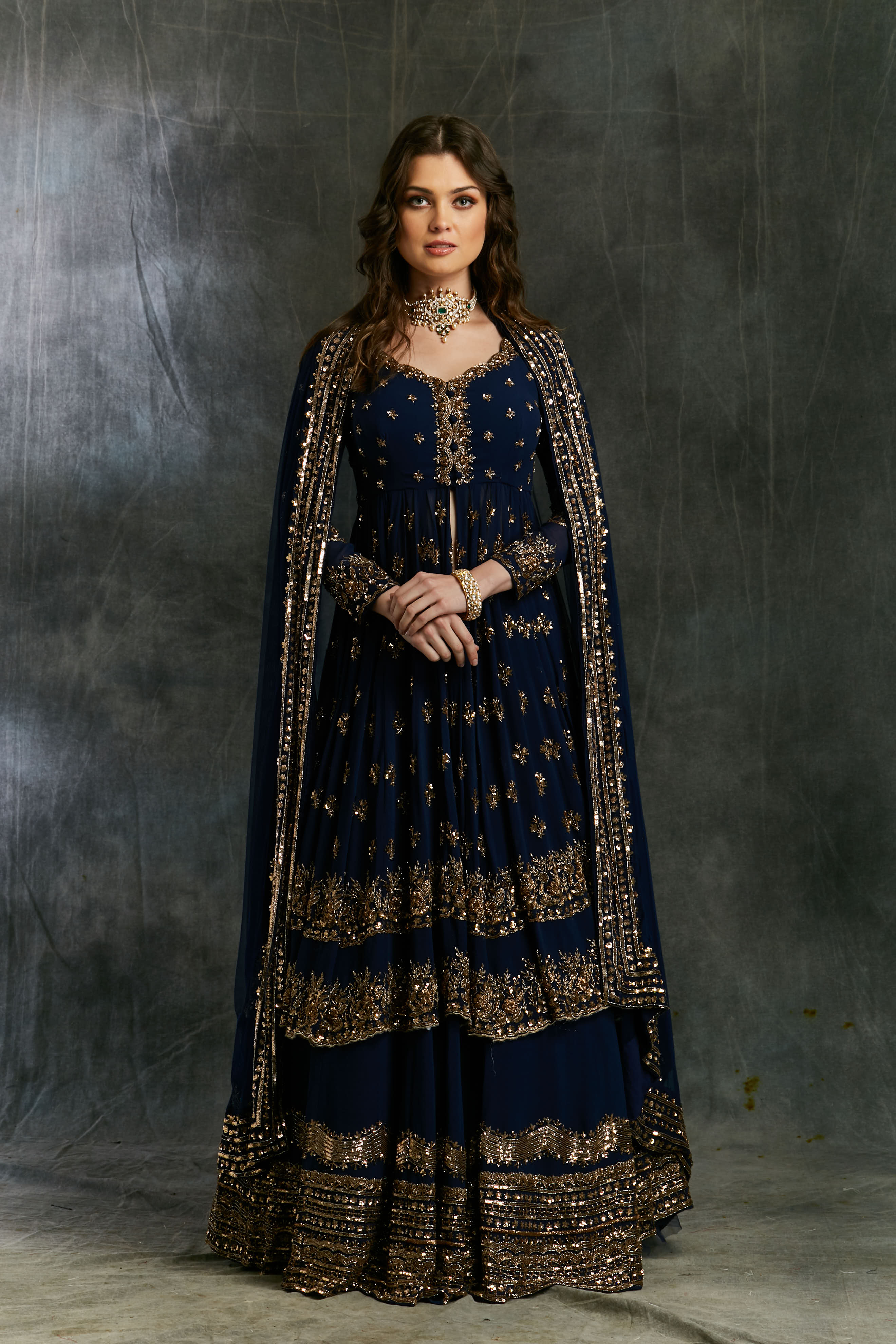 Dark Blue Gold Jacket With Border Skirt