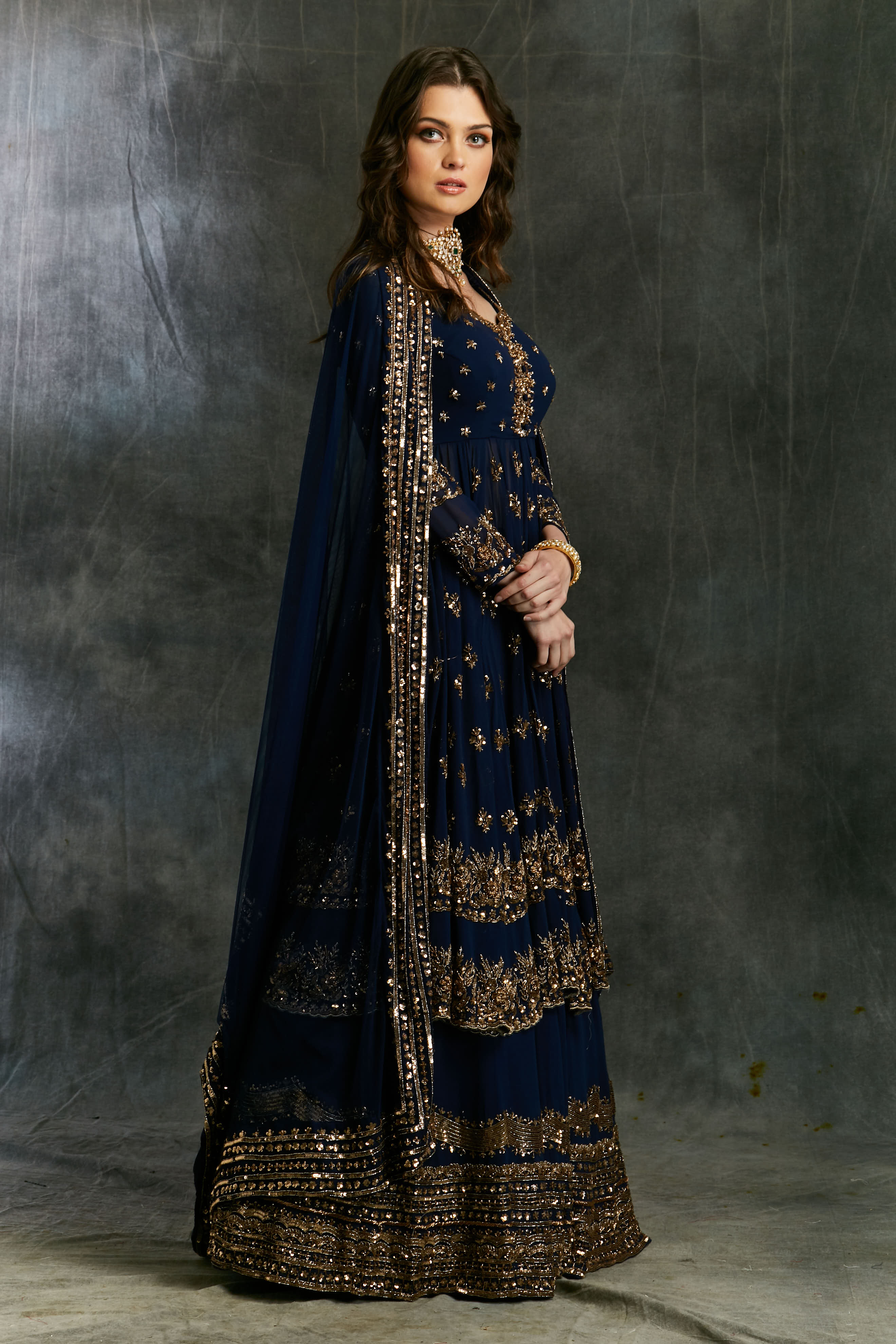 Dark Blue Gold Jacket With Border Skirt