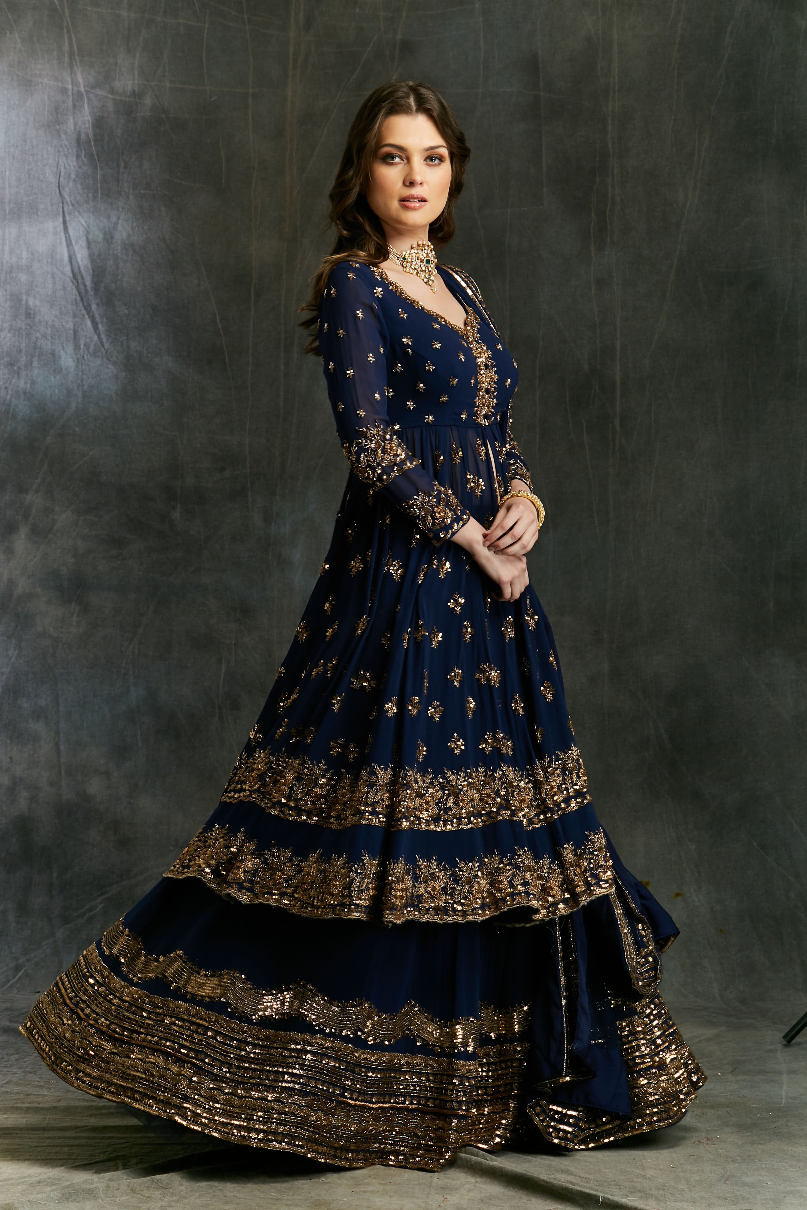 Dark Blue Gold Jacket With Border Skirt