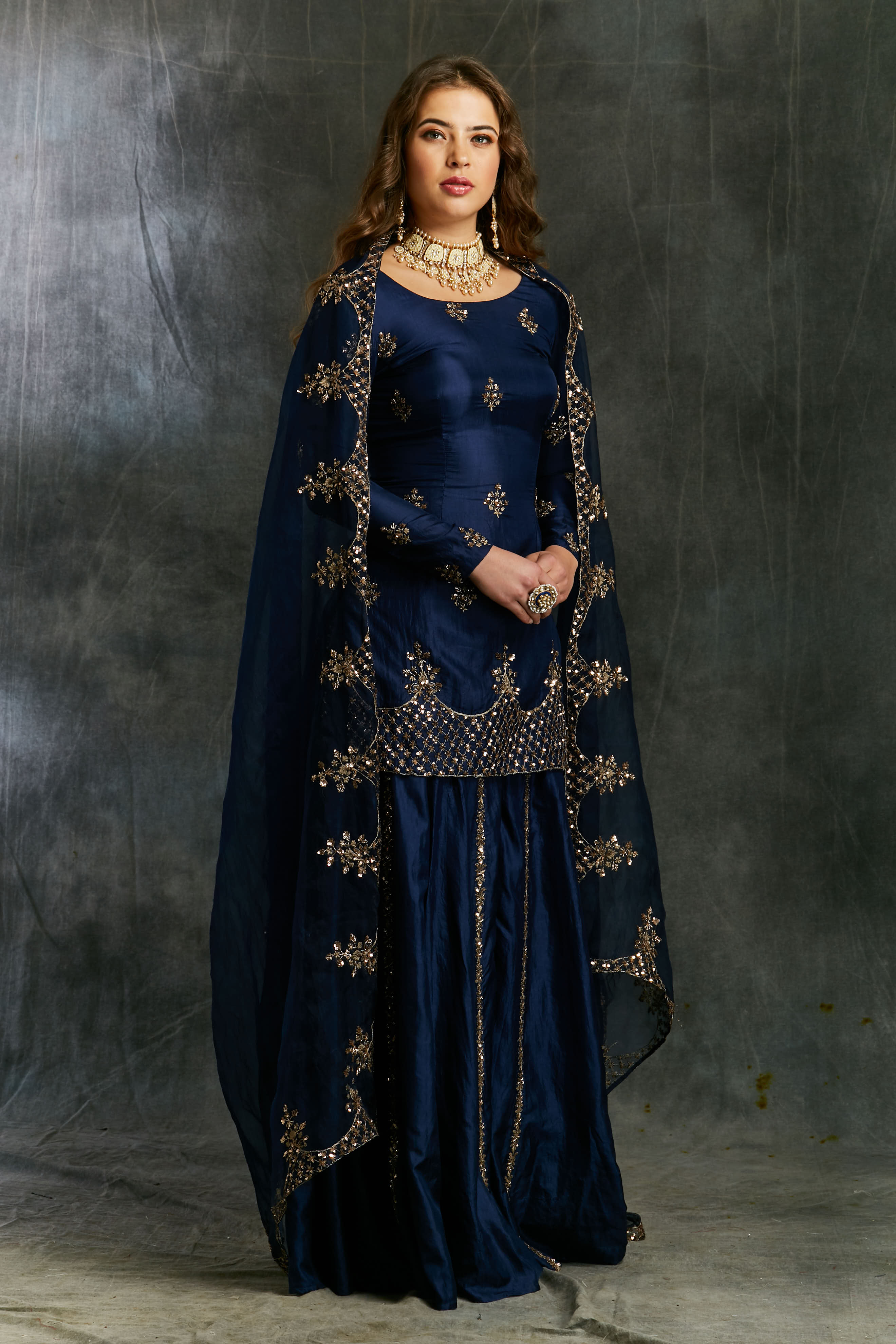 Blue Silk Sharara With Net Dupatta