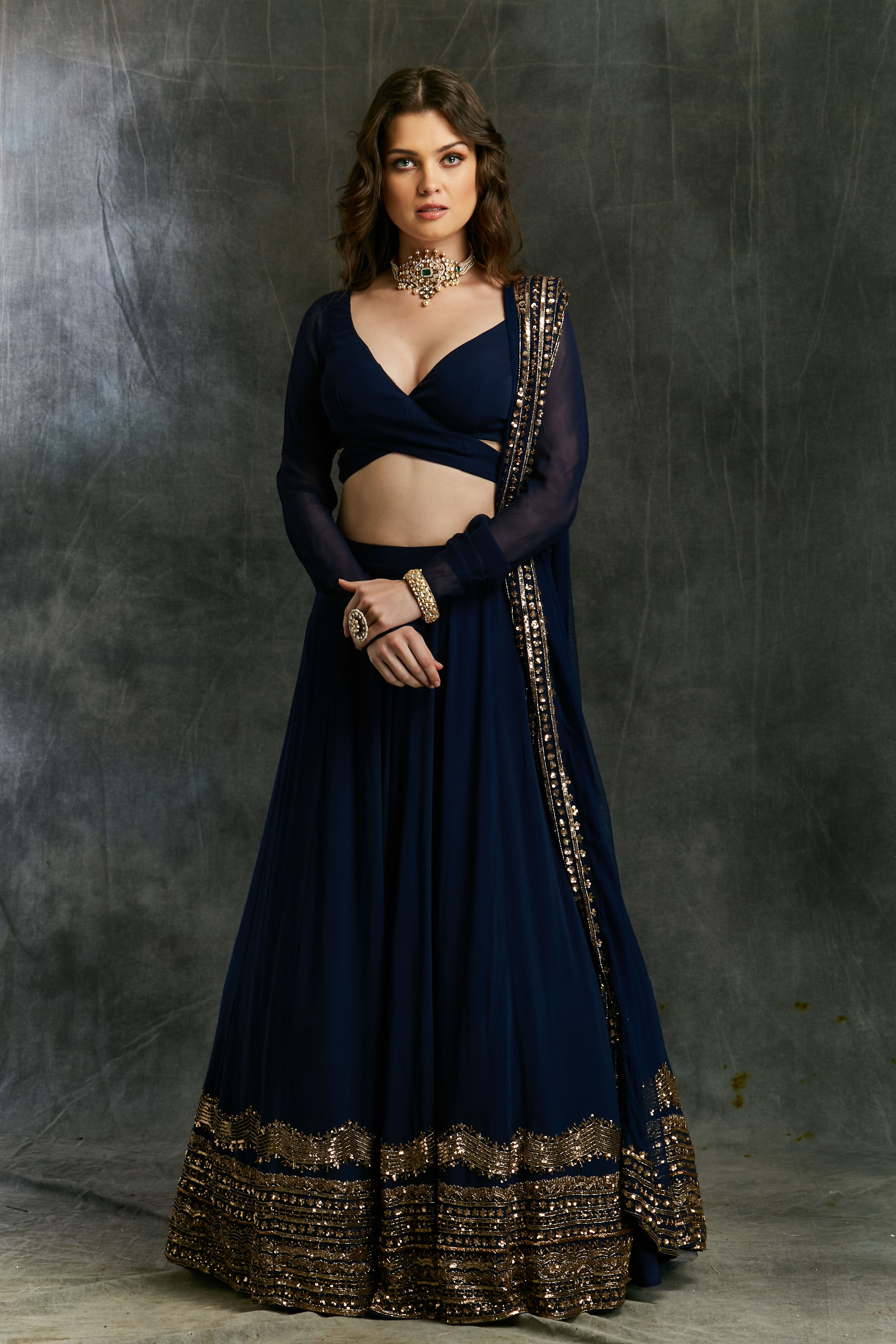 Dark Blue Wrap Blouse Georgette Lehenga