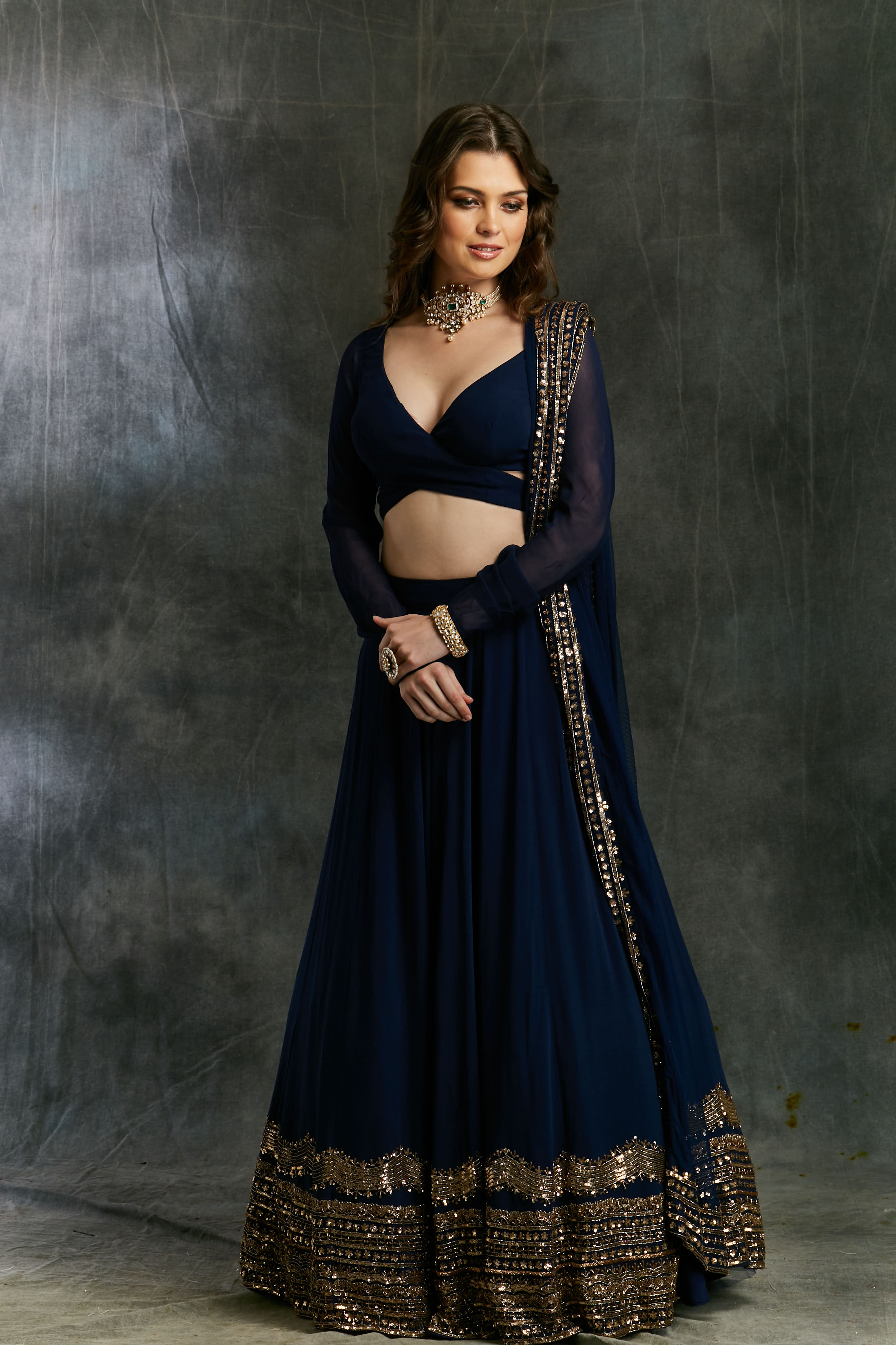 Dark Blue Wrap Blouse Georgette Lehenga