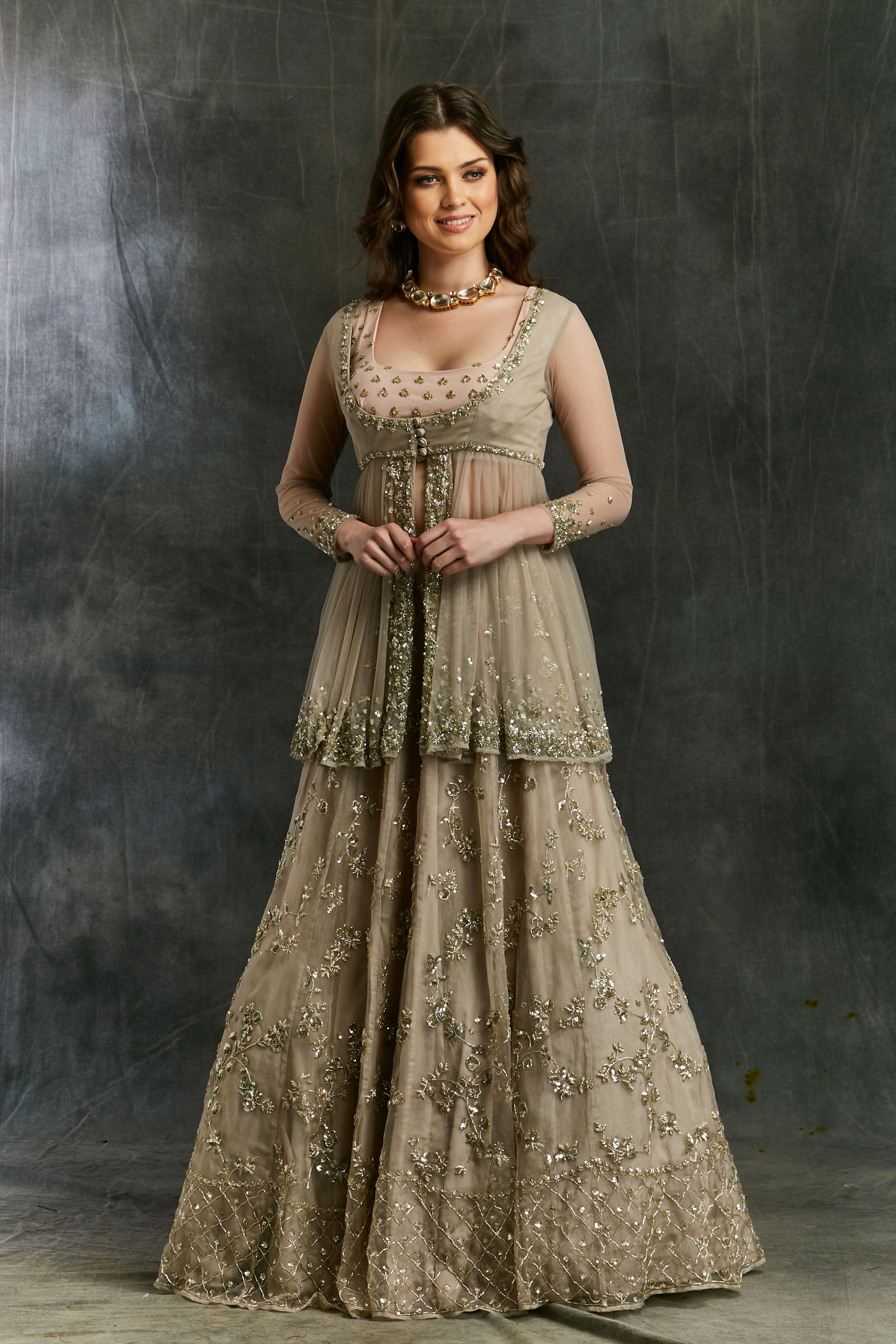 Grey Sequin Organza Lehenga With Peplum Work Blouse