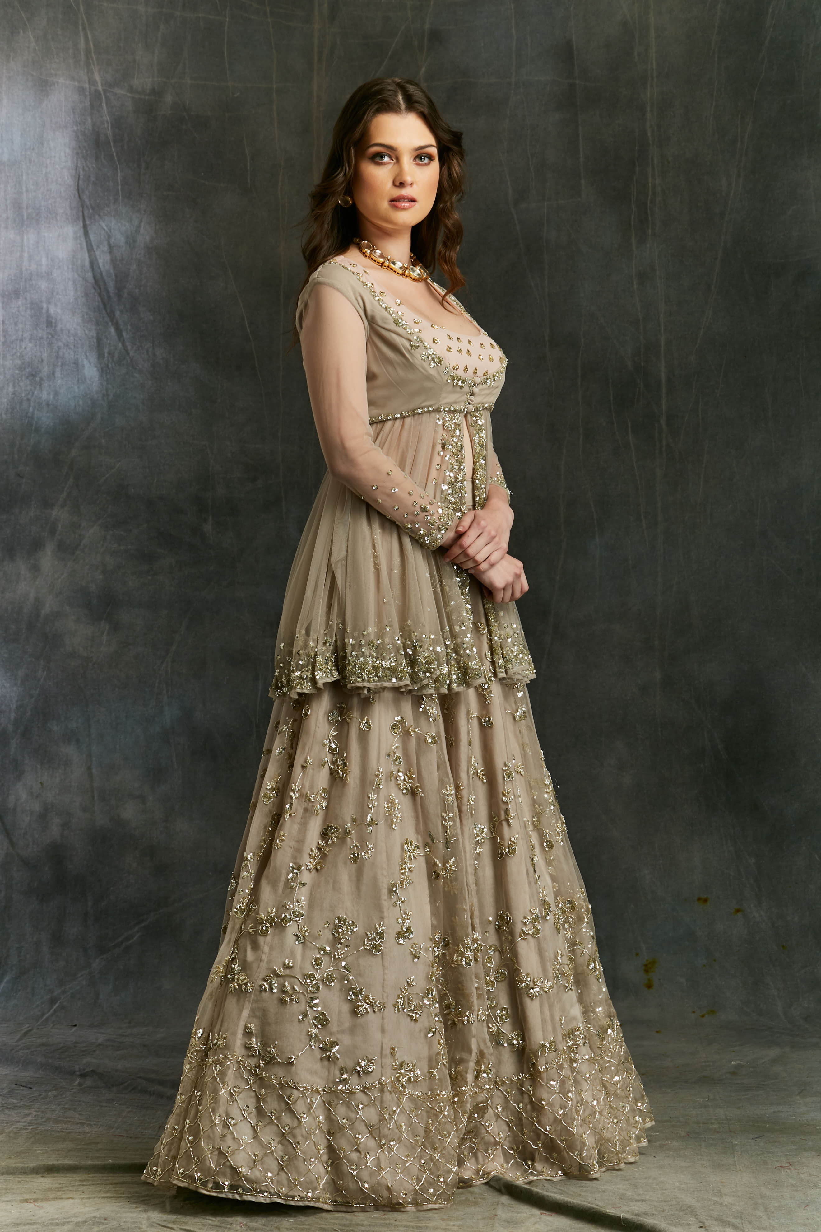 Grey Sequin Organza Lehenga With Peplum Work Blouse