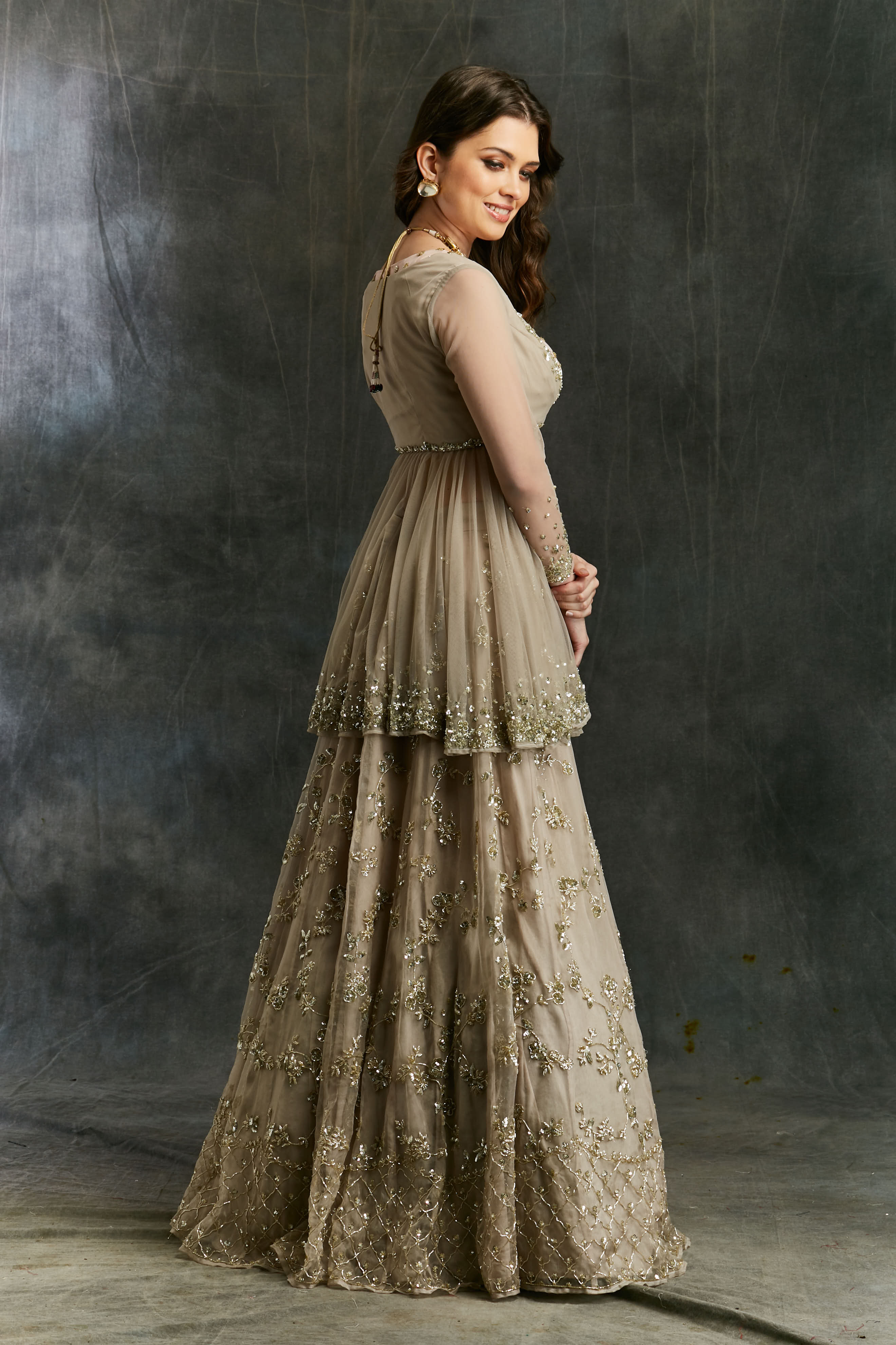 Grey Sequin Organza Lehenga With Peplum Work Blouse