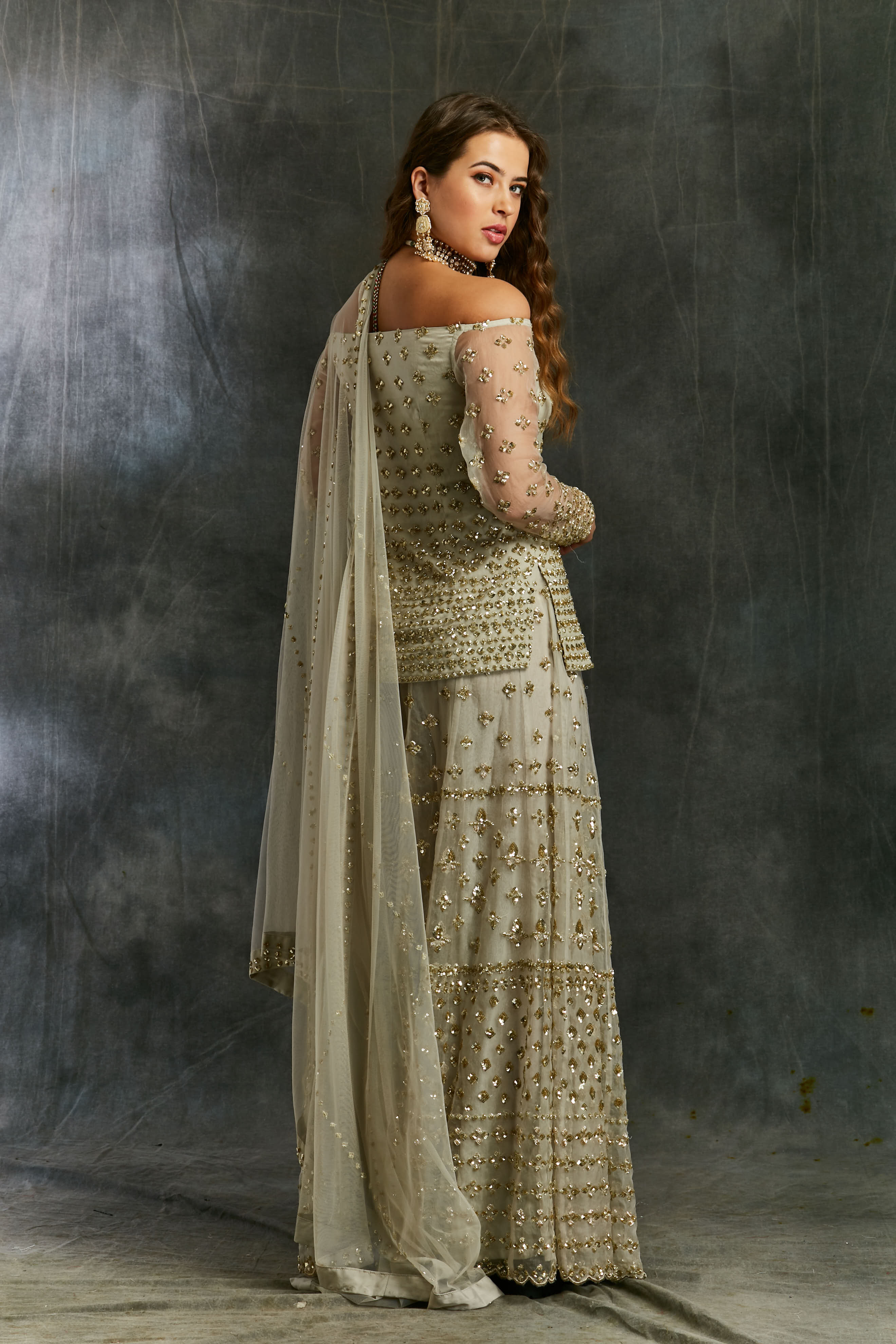 Grey Off Shoulder Kurti With Sharara Set