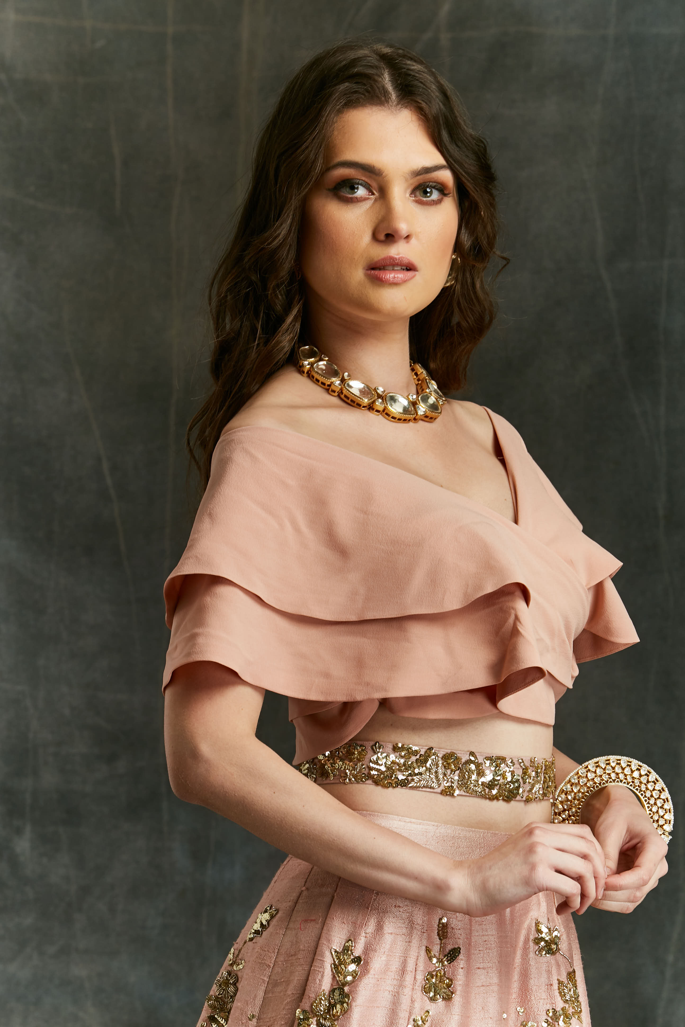Pink Sequin Jaal Lehenga With Frill Blouse