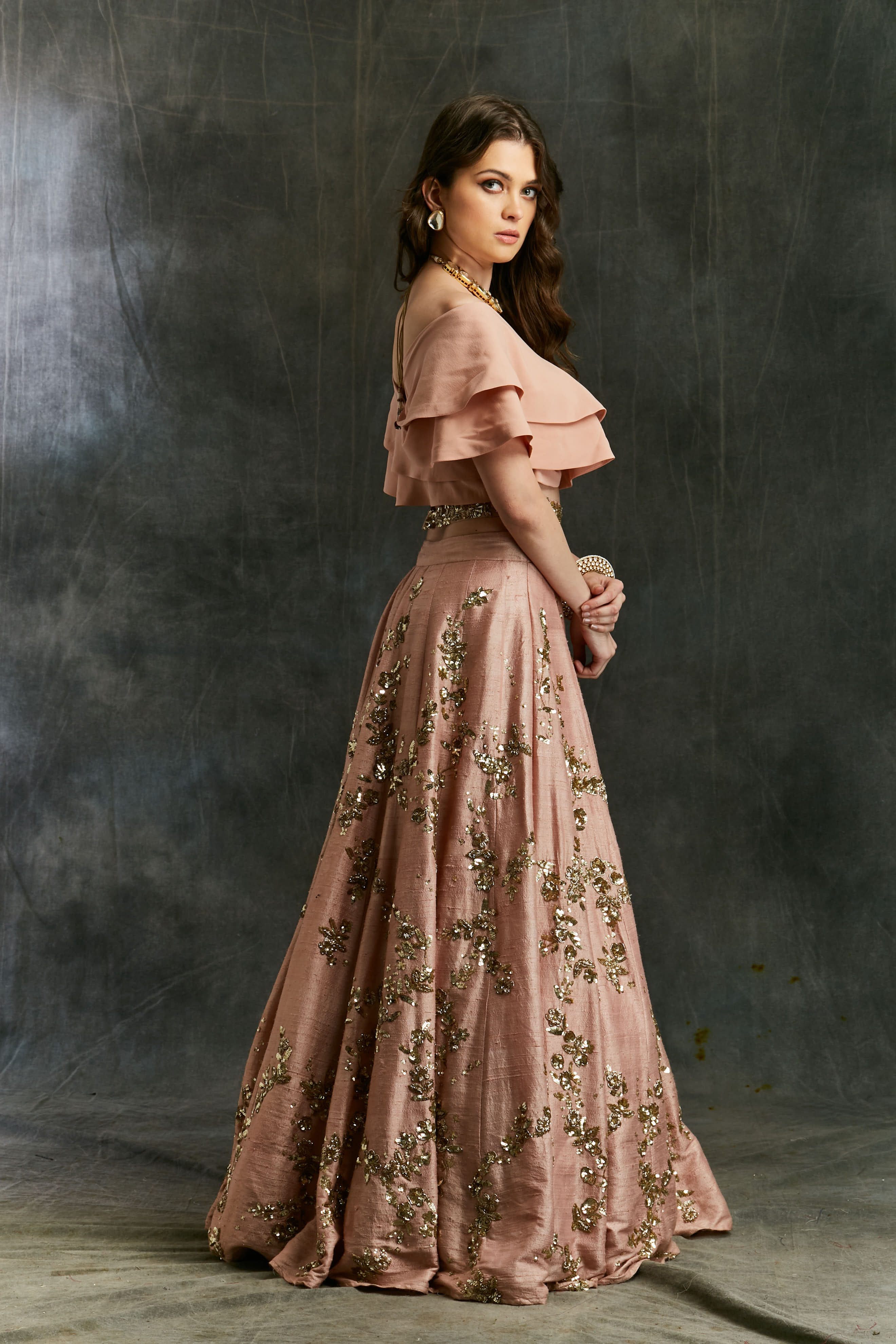 Pink Sequin Jaal Lehenga With Frill Blouse