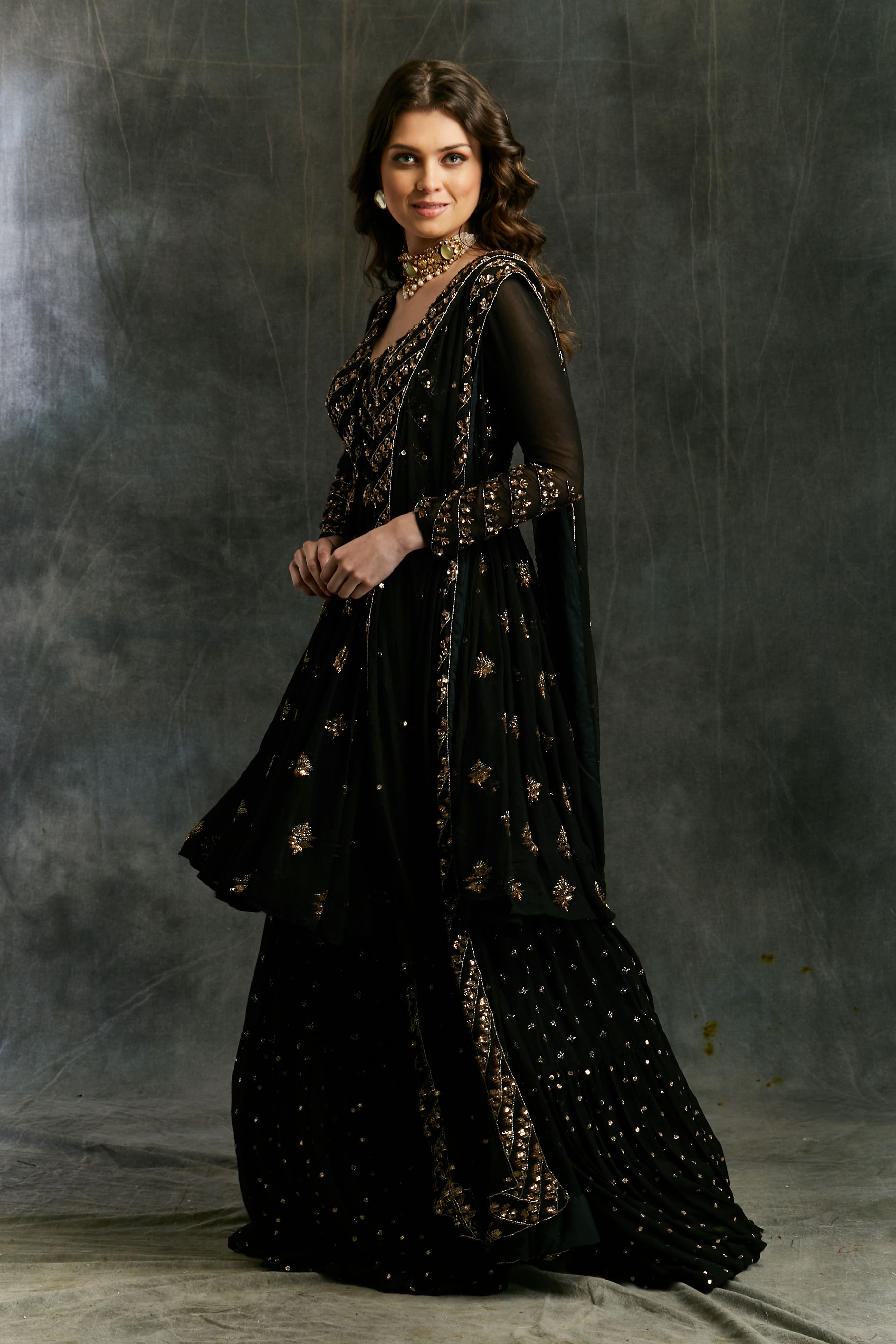 Black And Gold Georgette Jacket Sharara