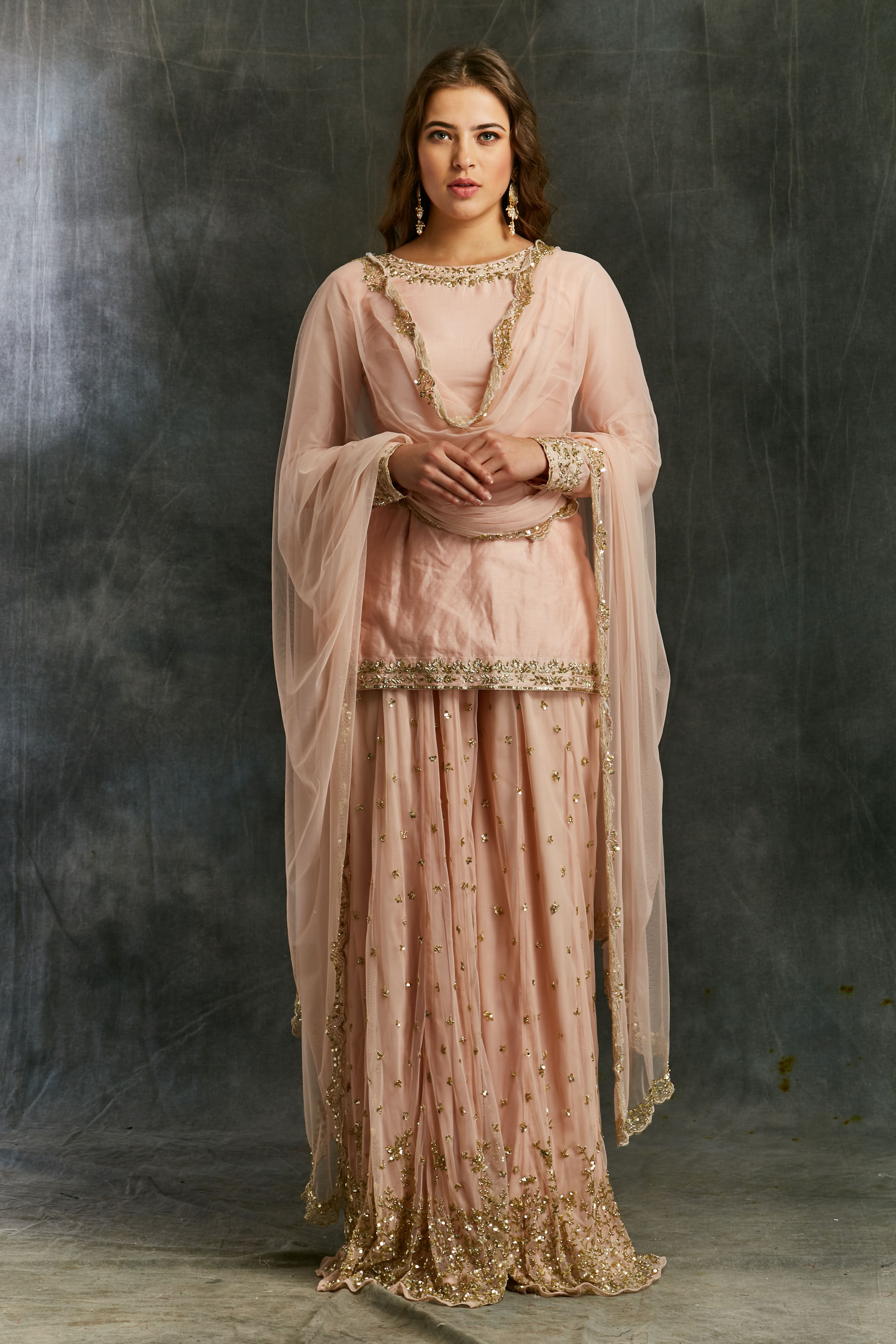 Pink Silk Kurta With Shimmer Sharara