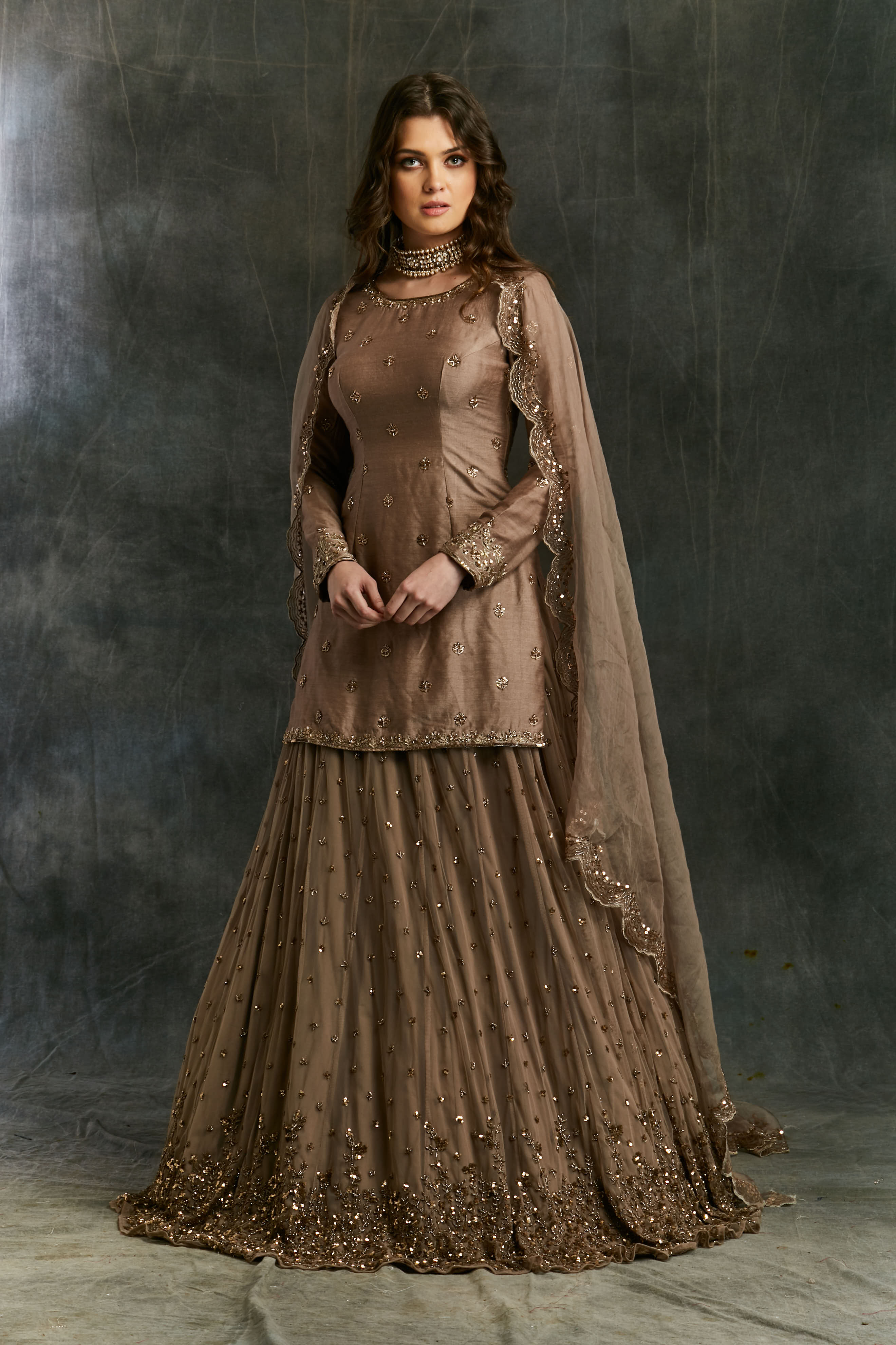 Grey Brown Raw Silk Kurta With Shimmer Lehenga