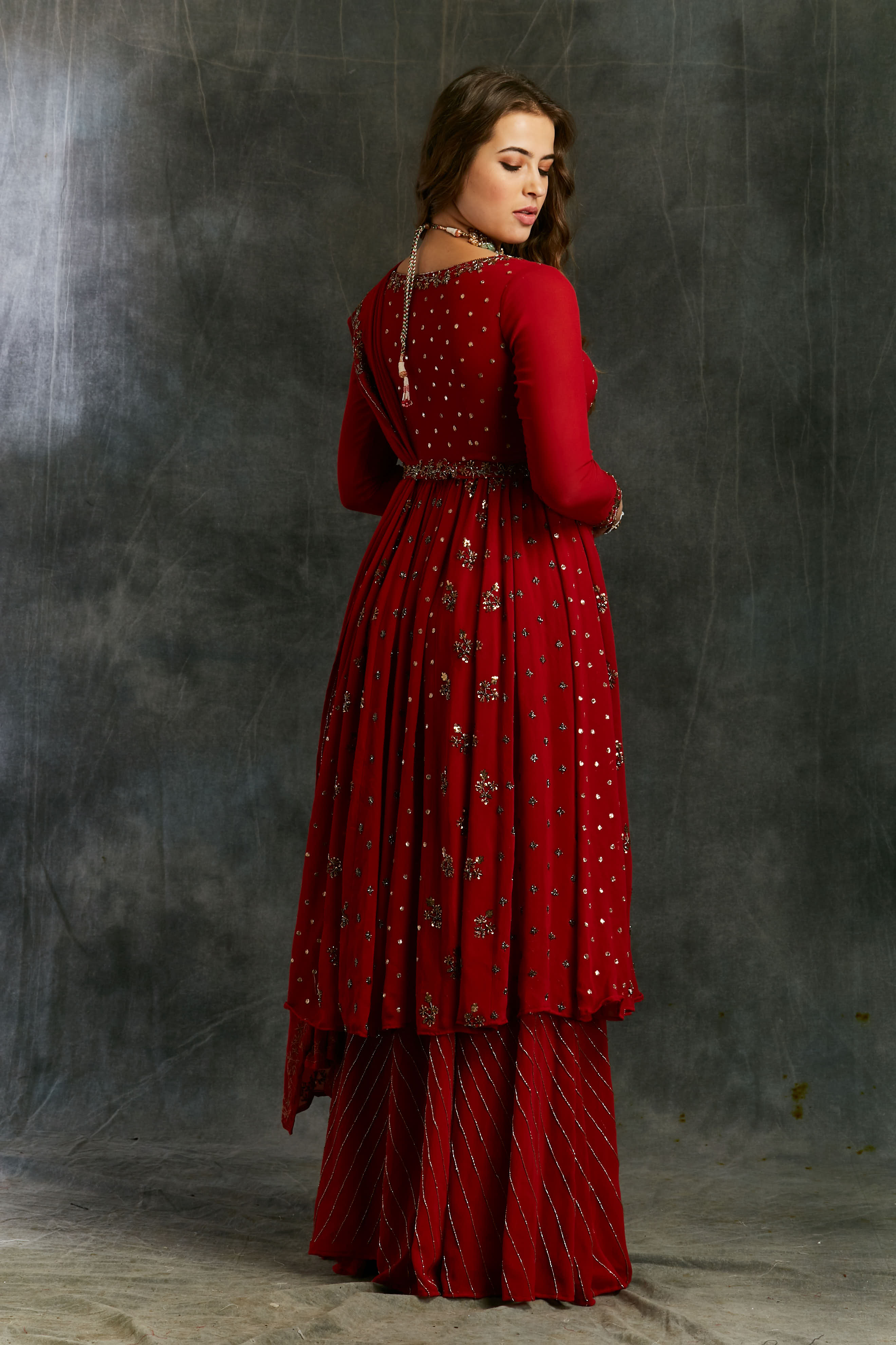 Red Georgette Anarkali With Sharara