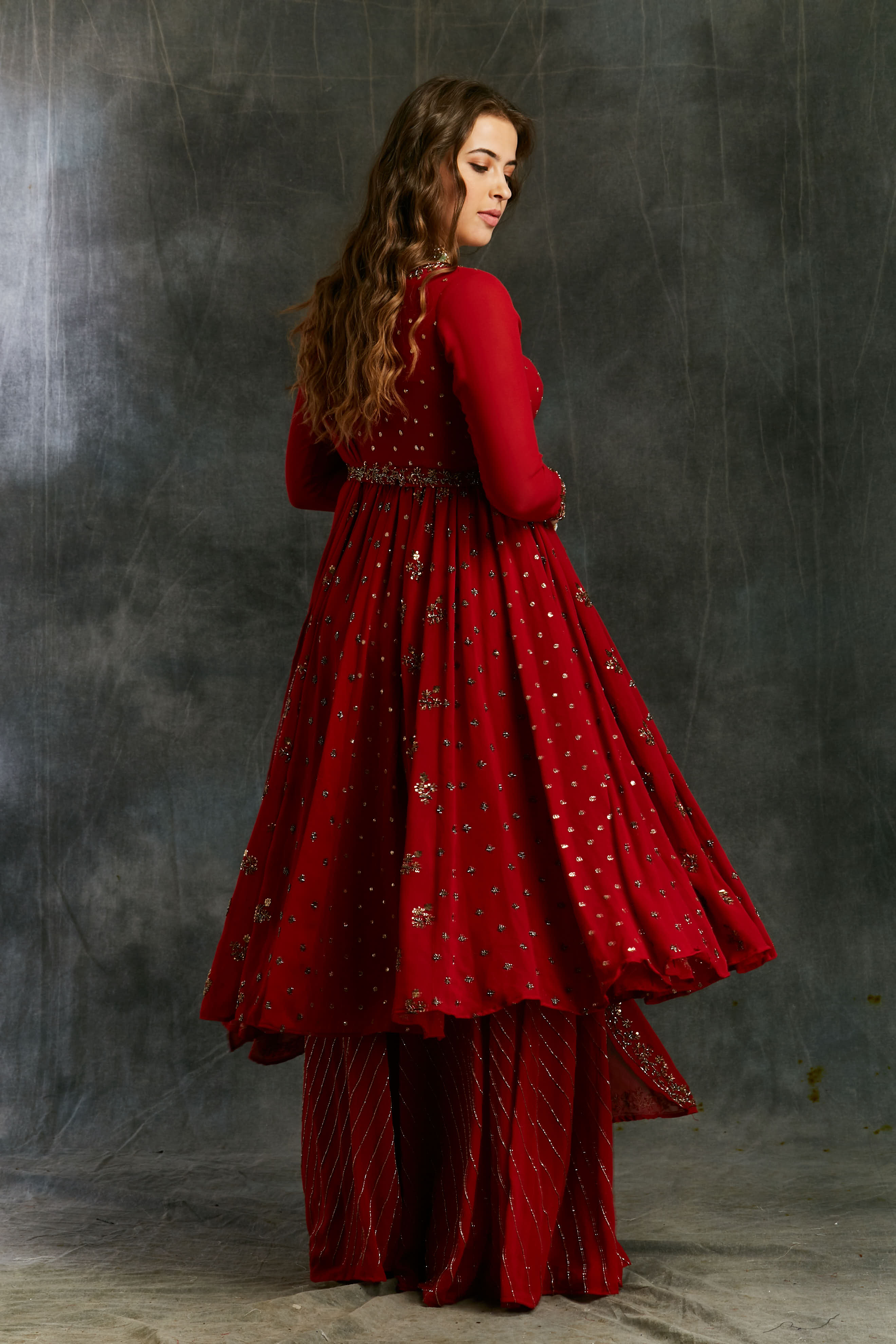 Red Georgette Anarkali With Sharara