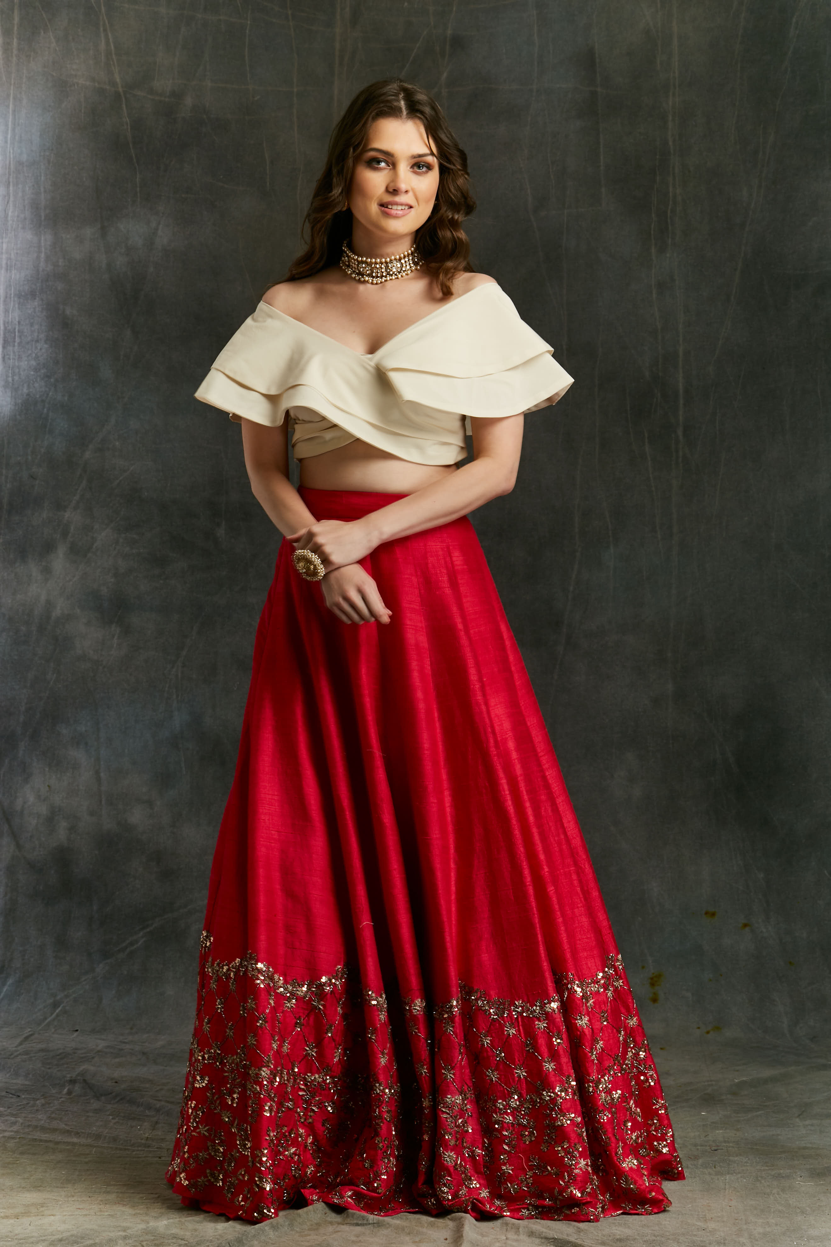 Red Border Lehenga With Off Shoulder Crop Top