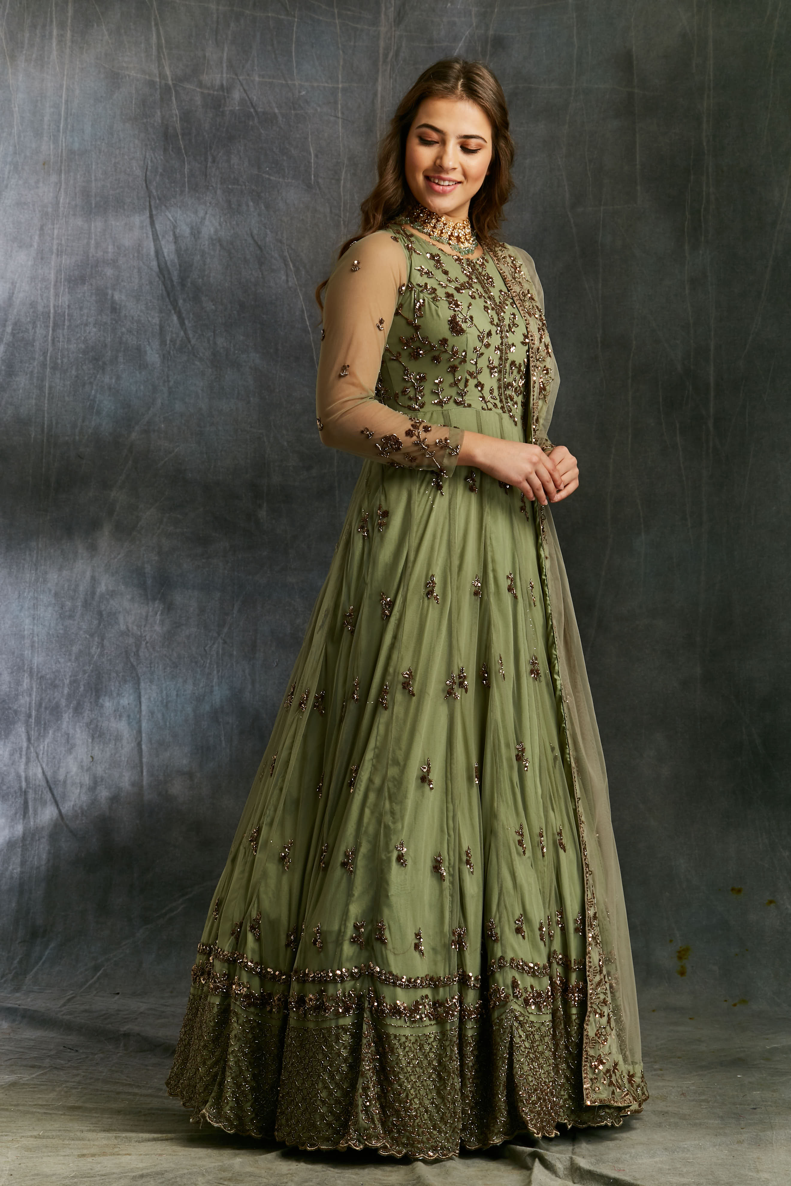 Olive Green Anarkali With Dupatta And Belt
