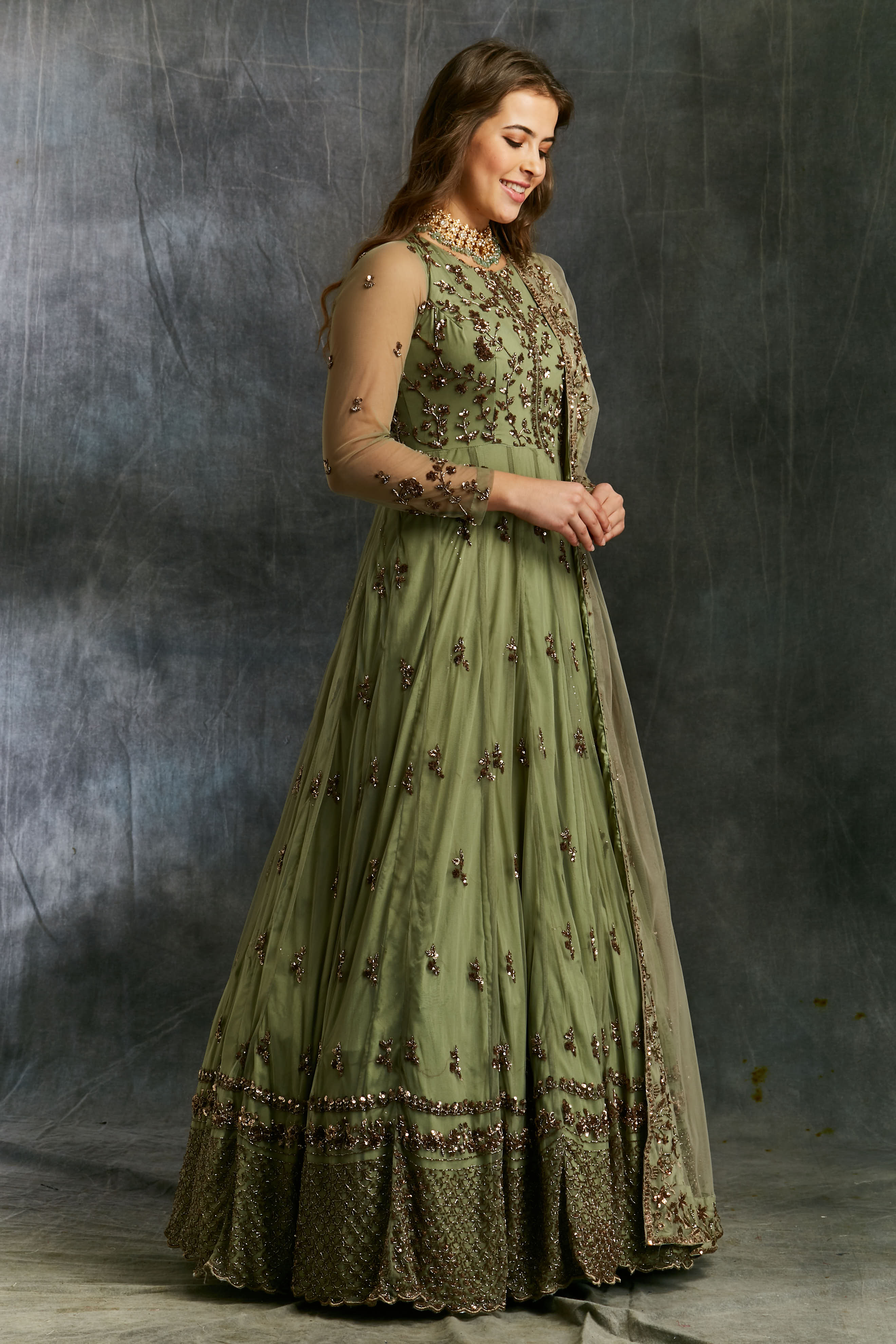 Olive Green Anarkali With Dupatta And Belt