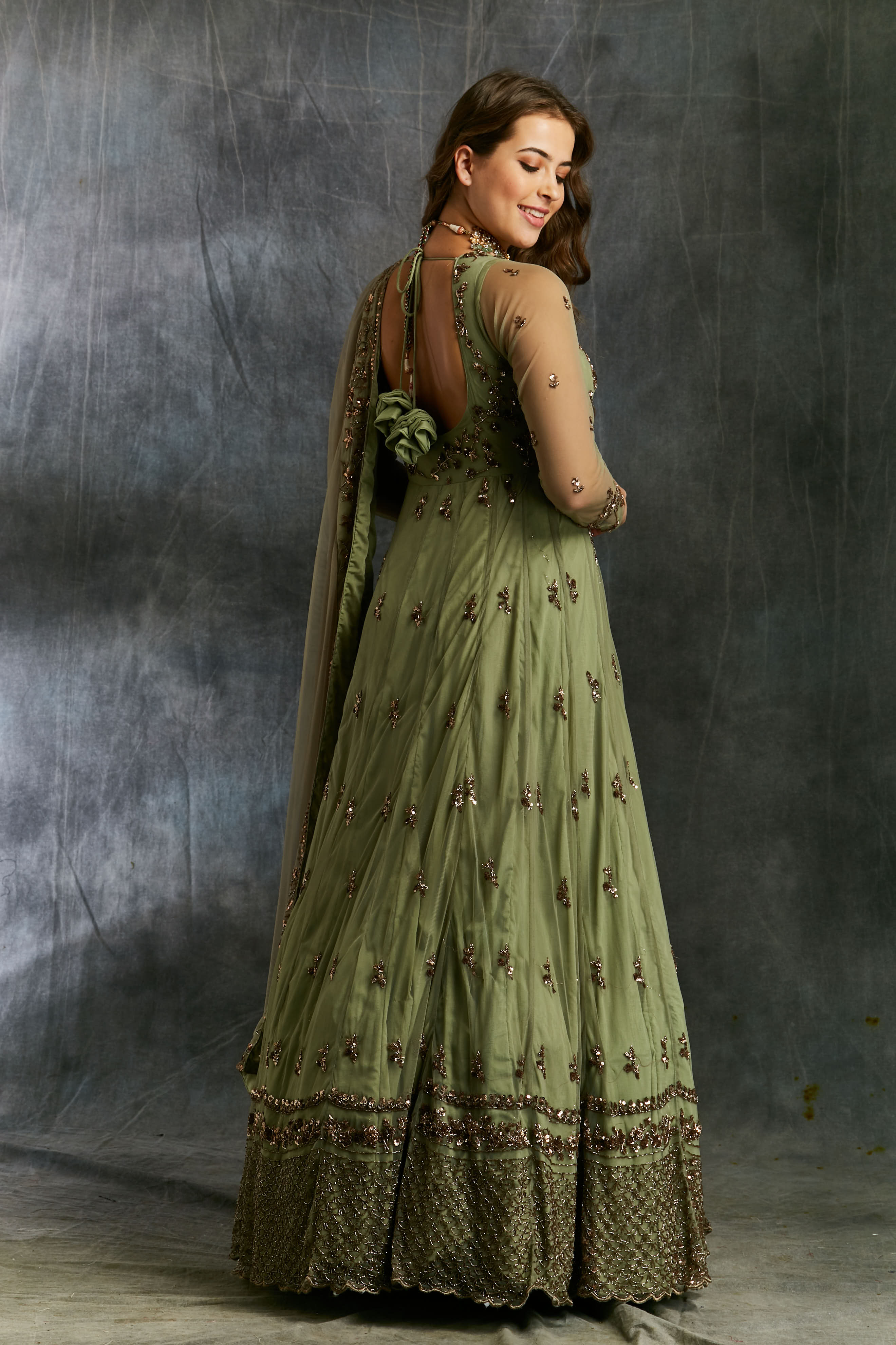 Olive Green Anarkali With Dupatta And Belt