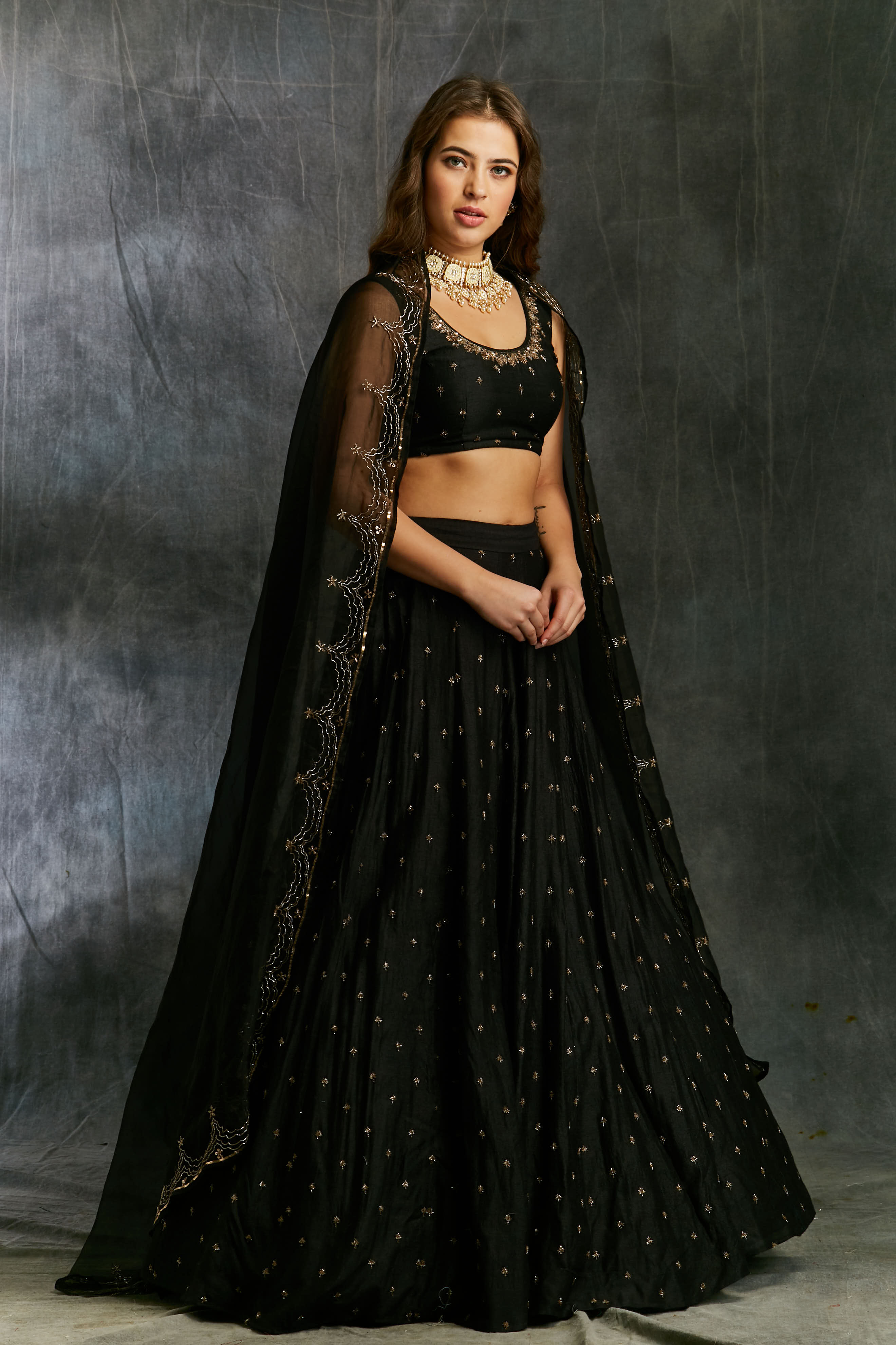 Black Silk Lehenga With Antique Work