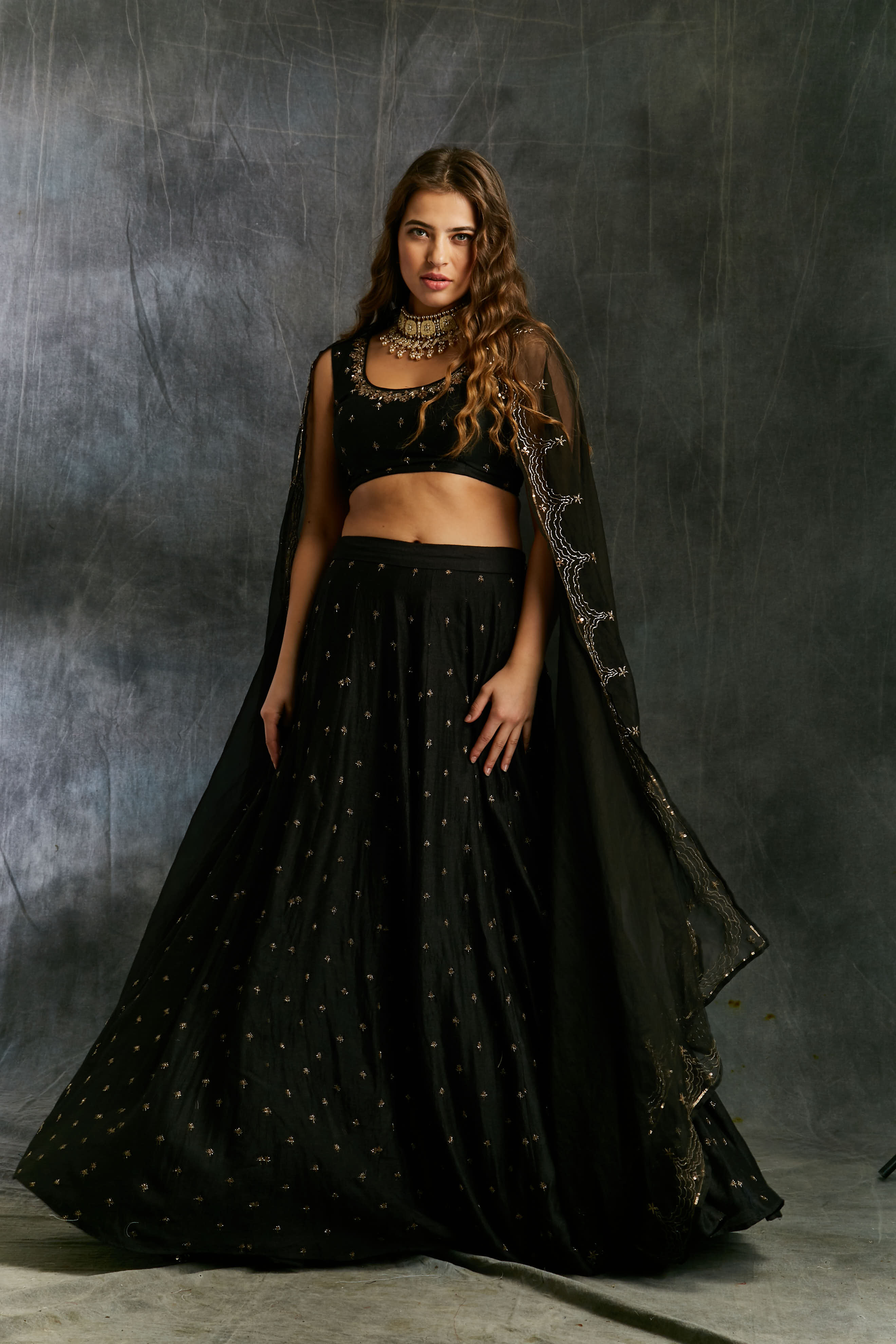 Black Silk Lehenga With Antique Work
