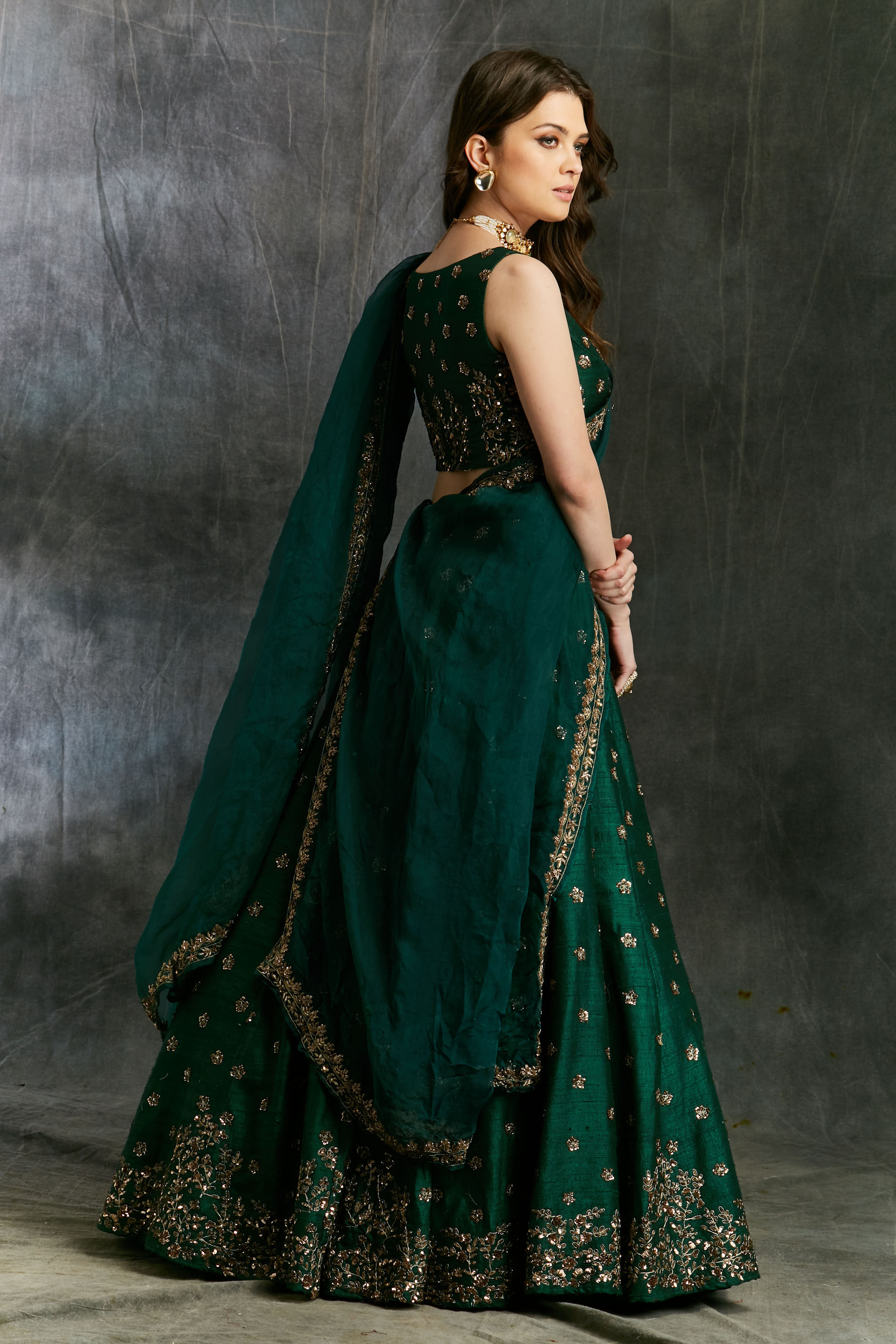 Green Emerald Lehenga With Organza Dupatta