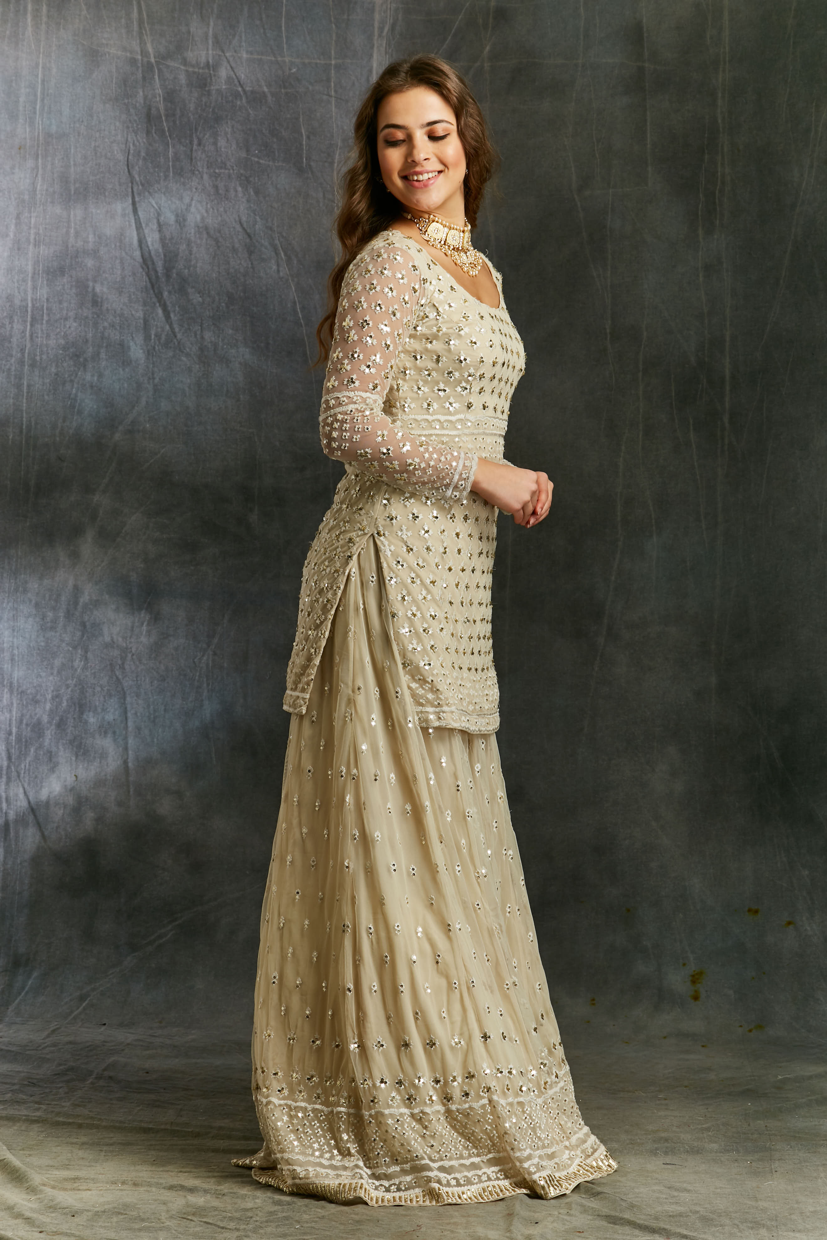 White Threadwork Kurti And Sharara Set