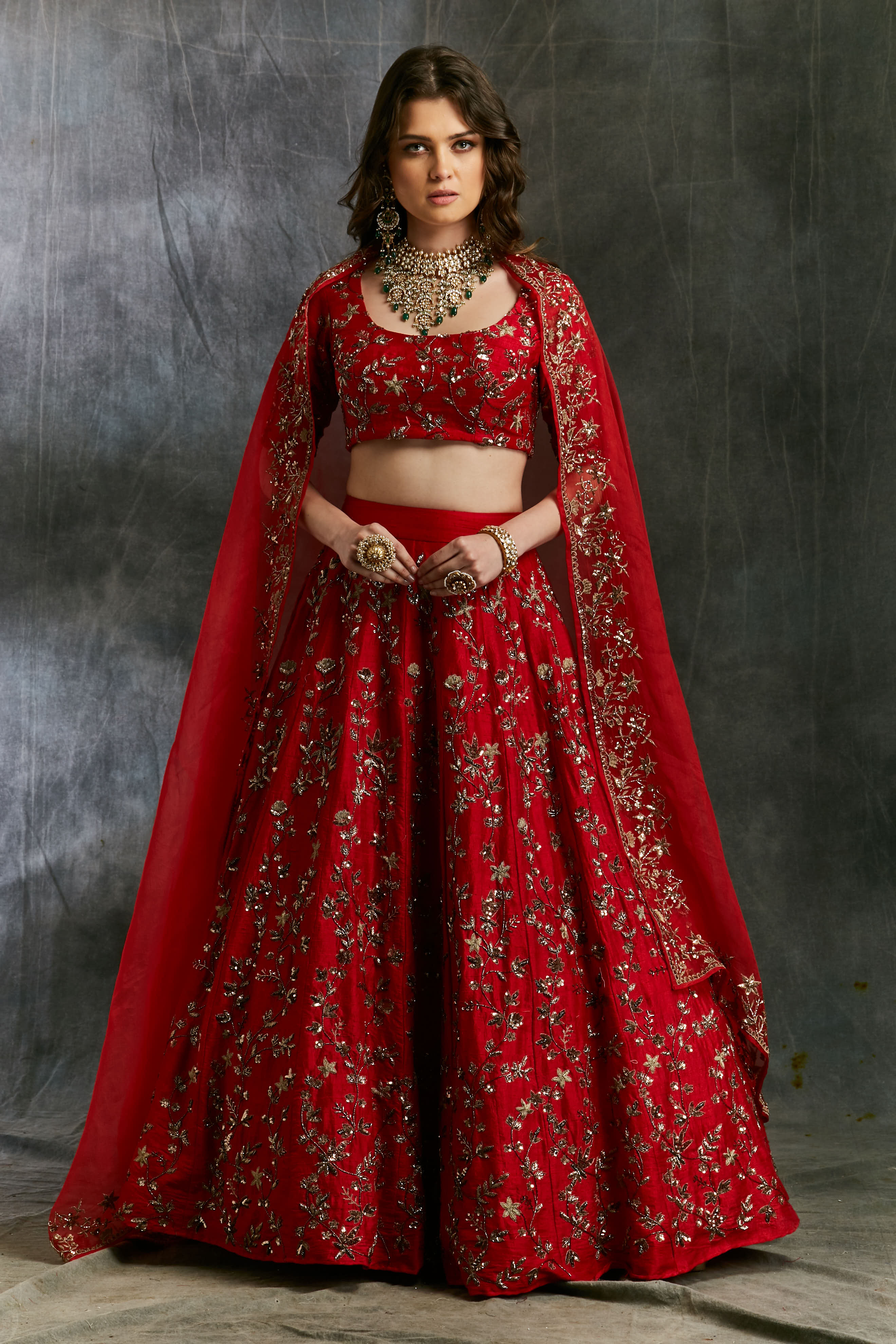 Red Floral Jaal Zari Lehenga