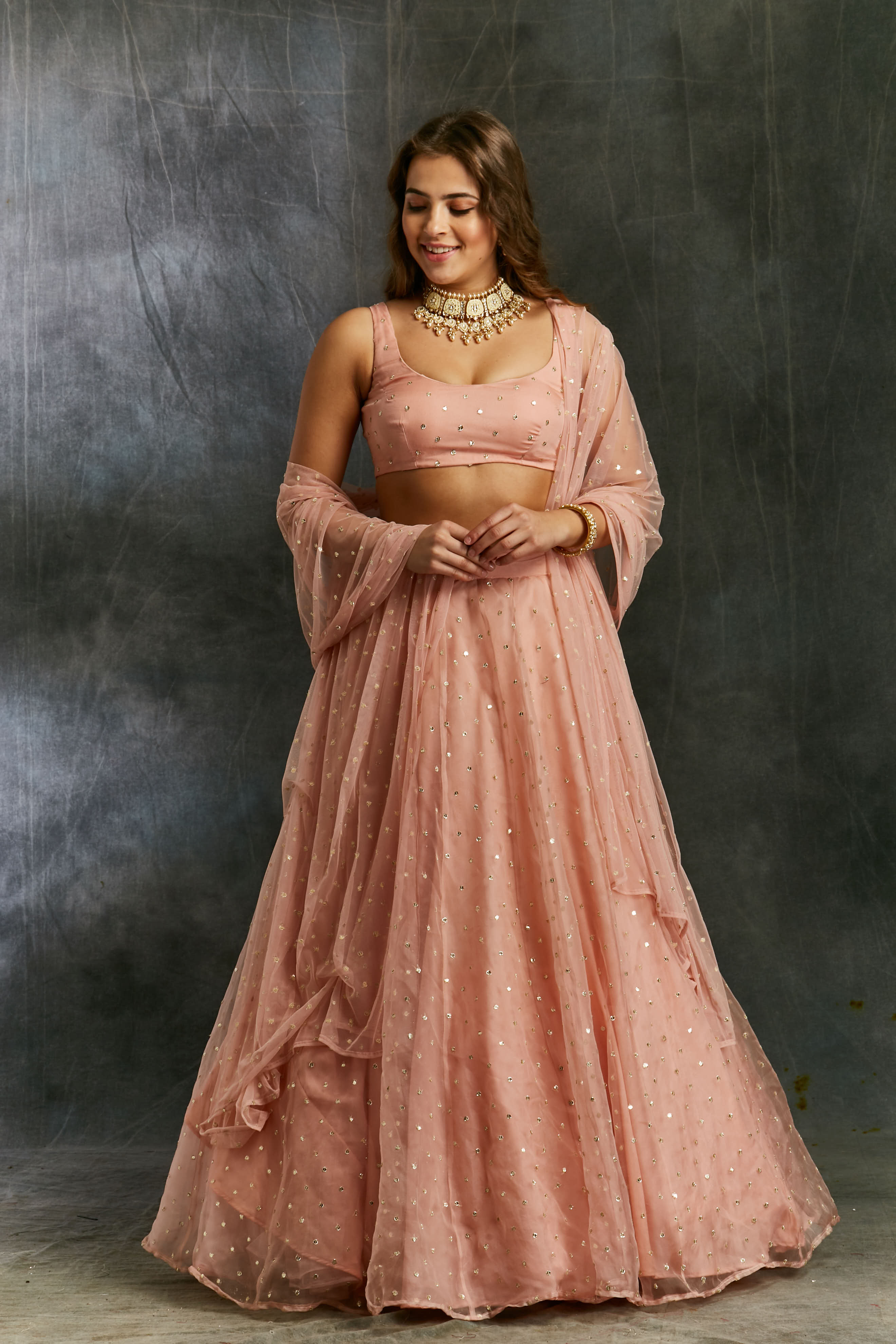 Pink And Gold Polka Lehenga