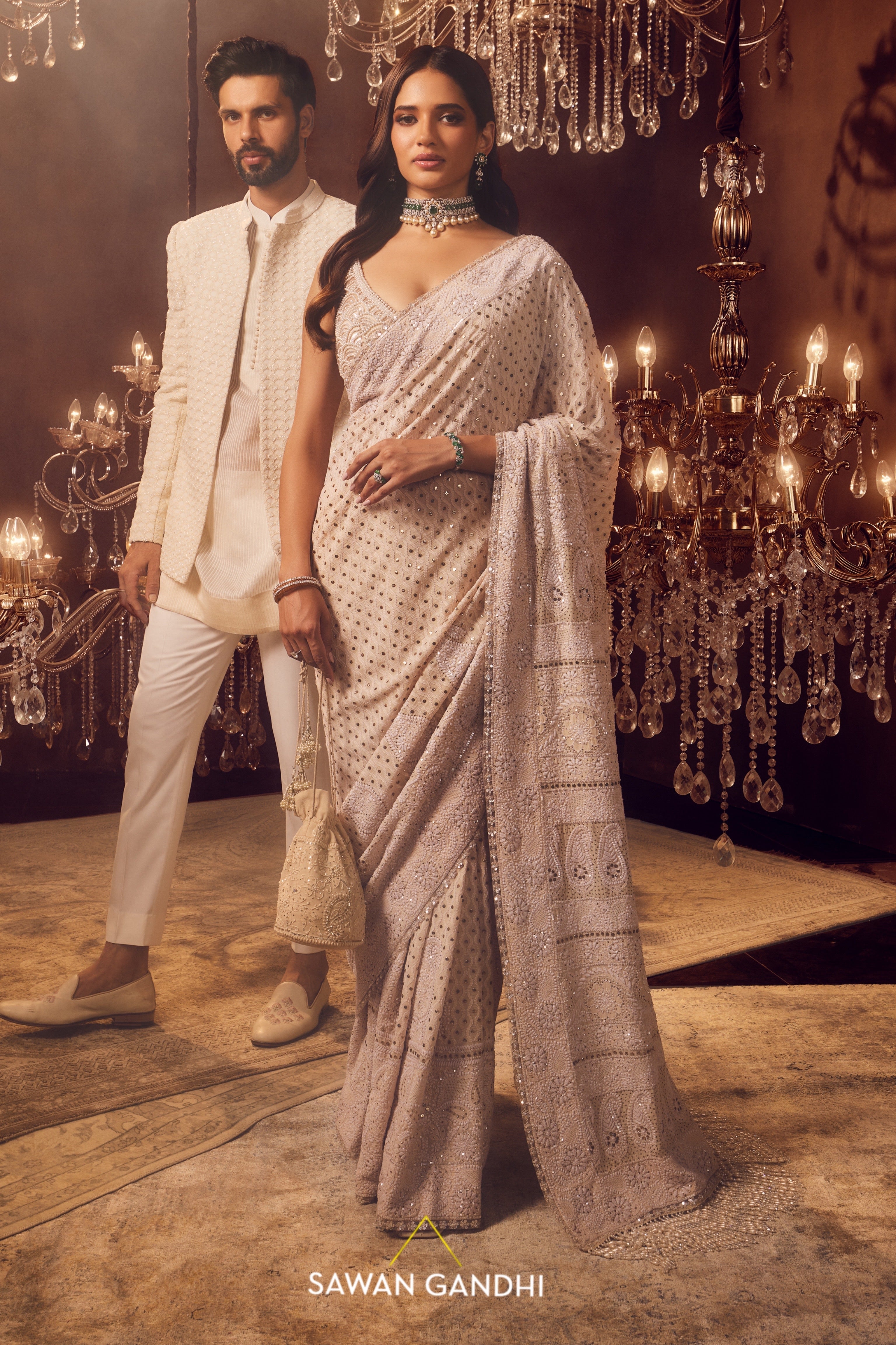 Off-white chikankari saree set