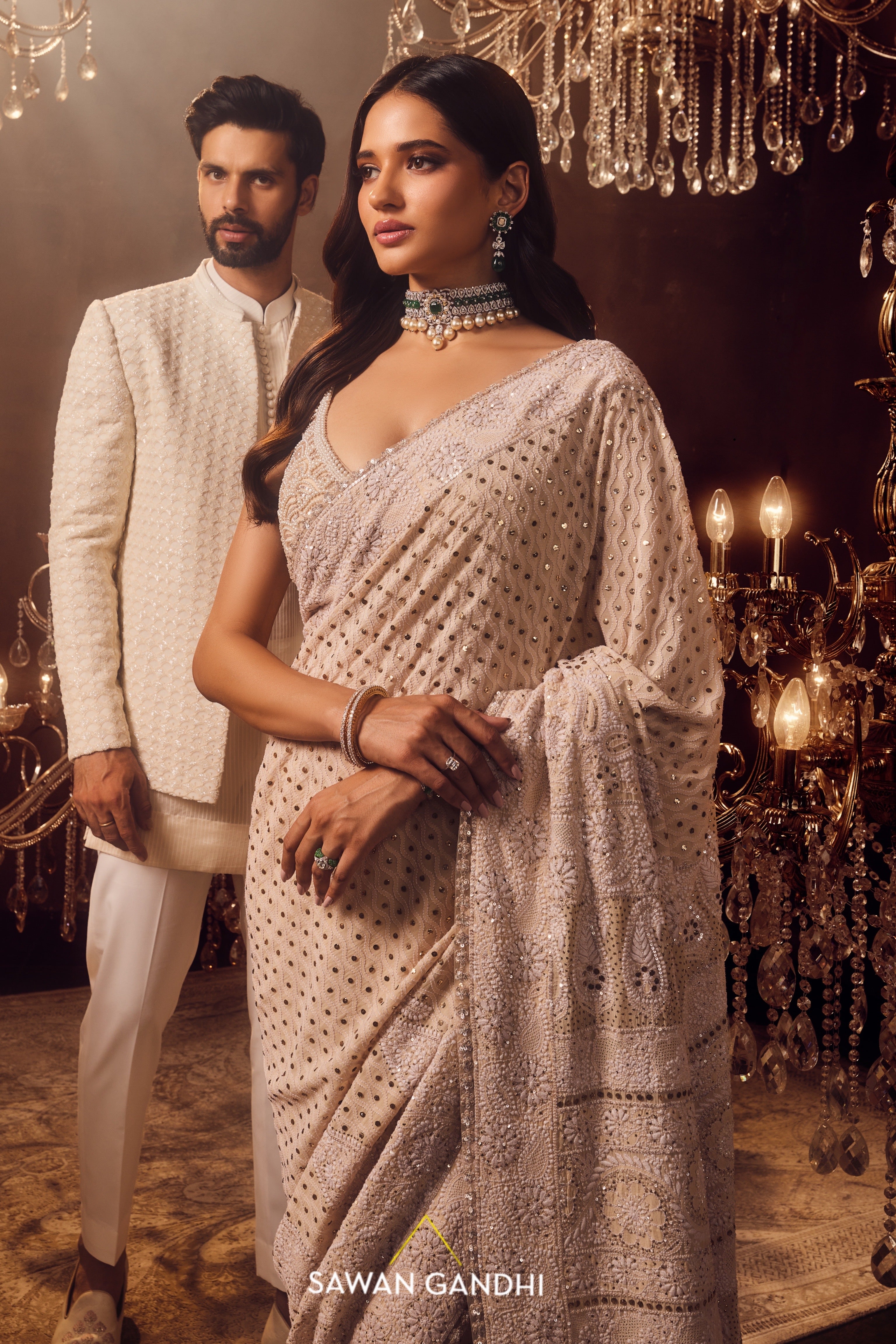 Off-white chikankari saree set