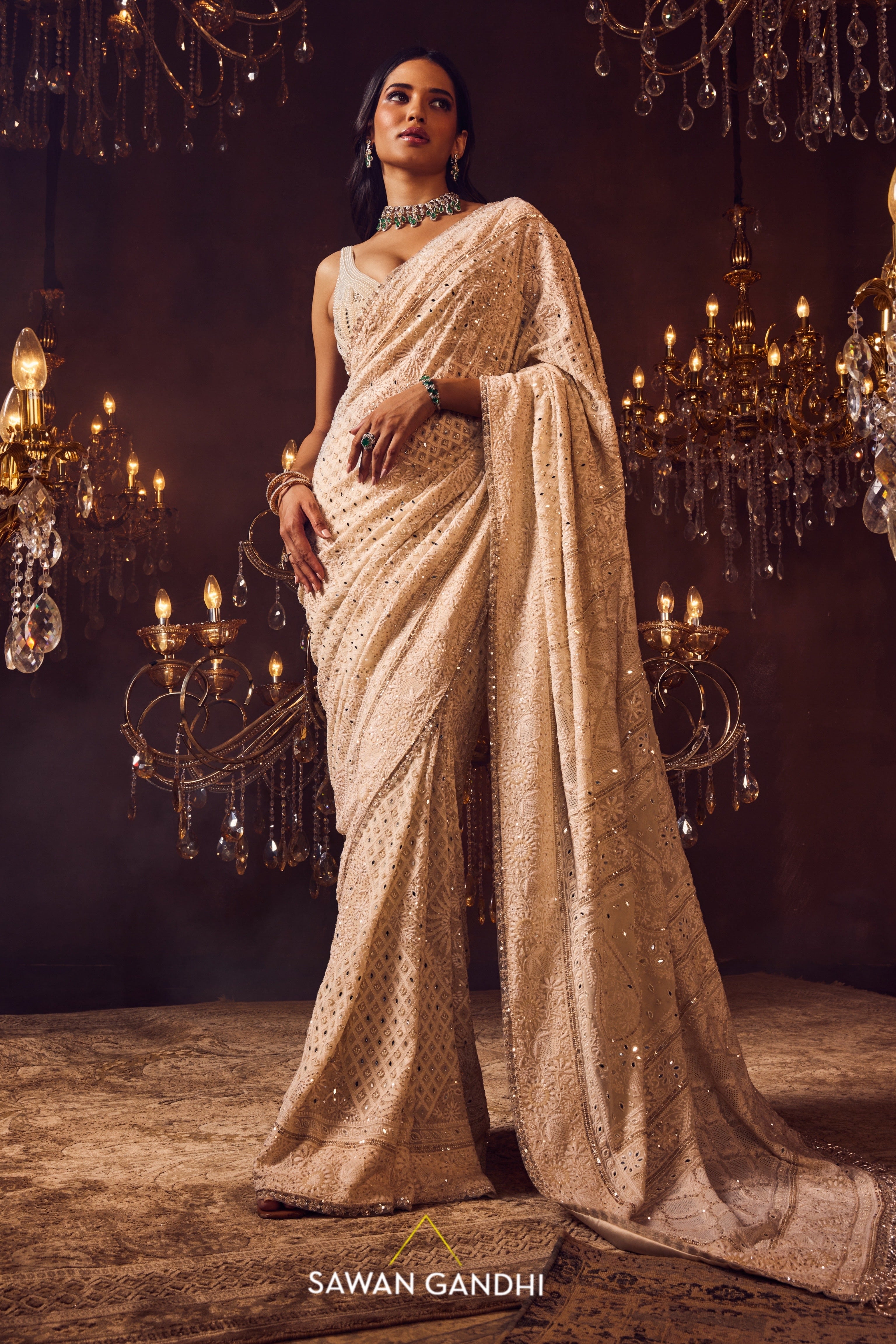 Ivory chikankari and pearl work saree