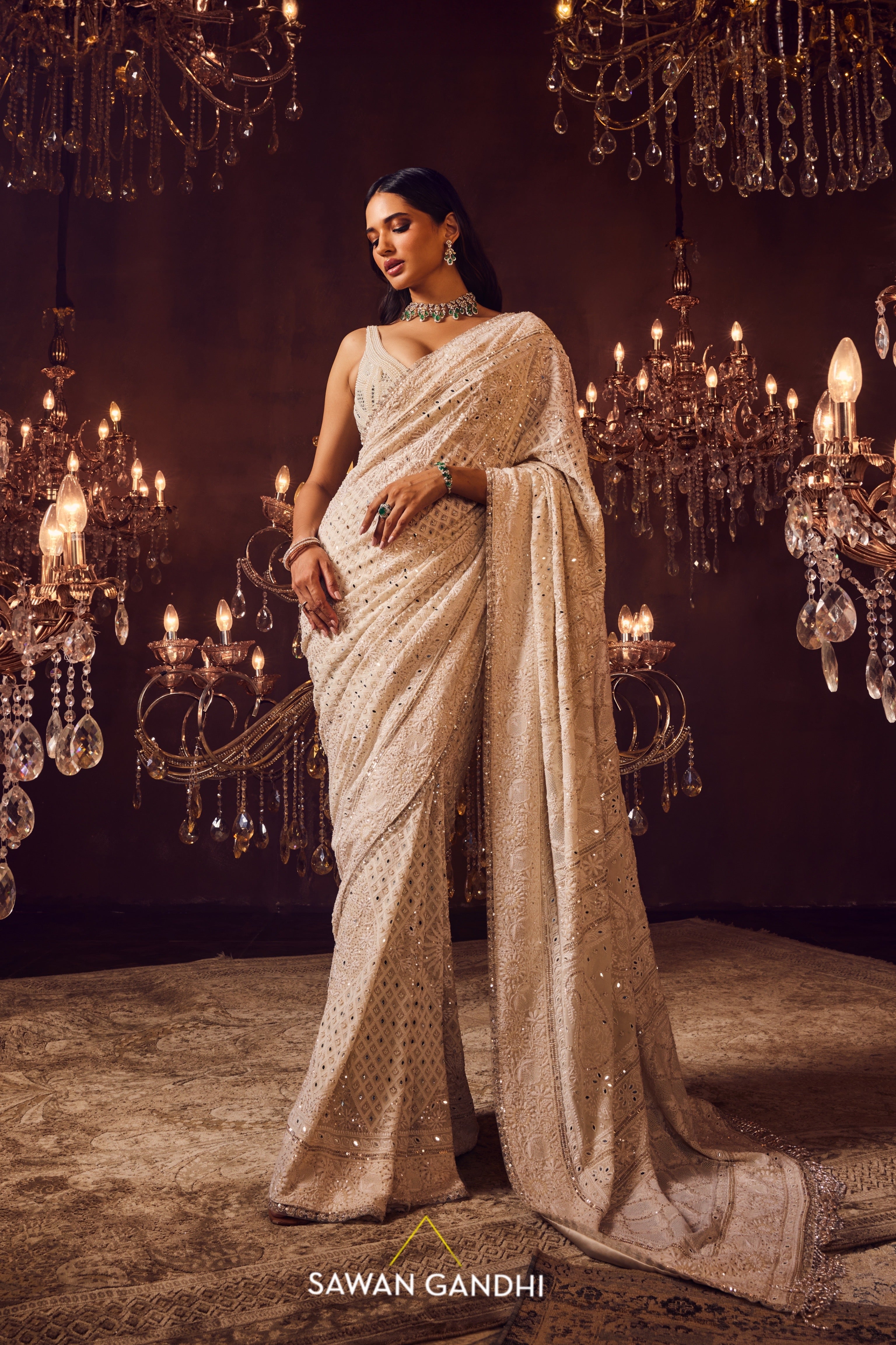 Ivory chikankari and pearl work saree