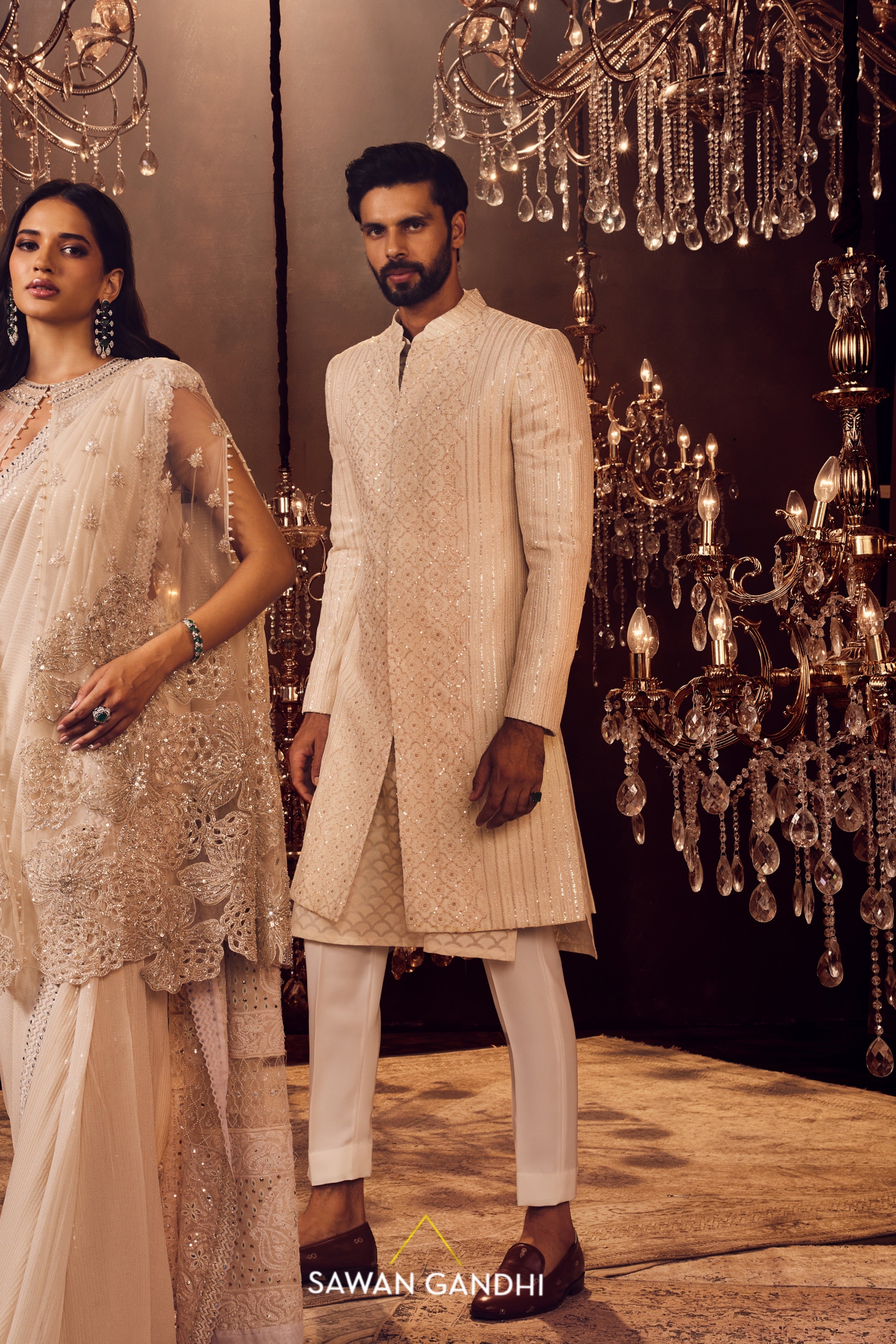 Ivory front pannel chikankari sherwani