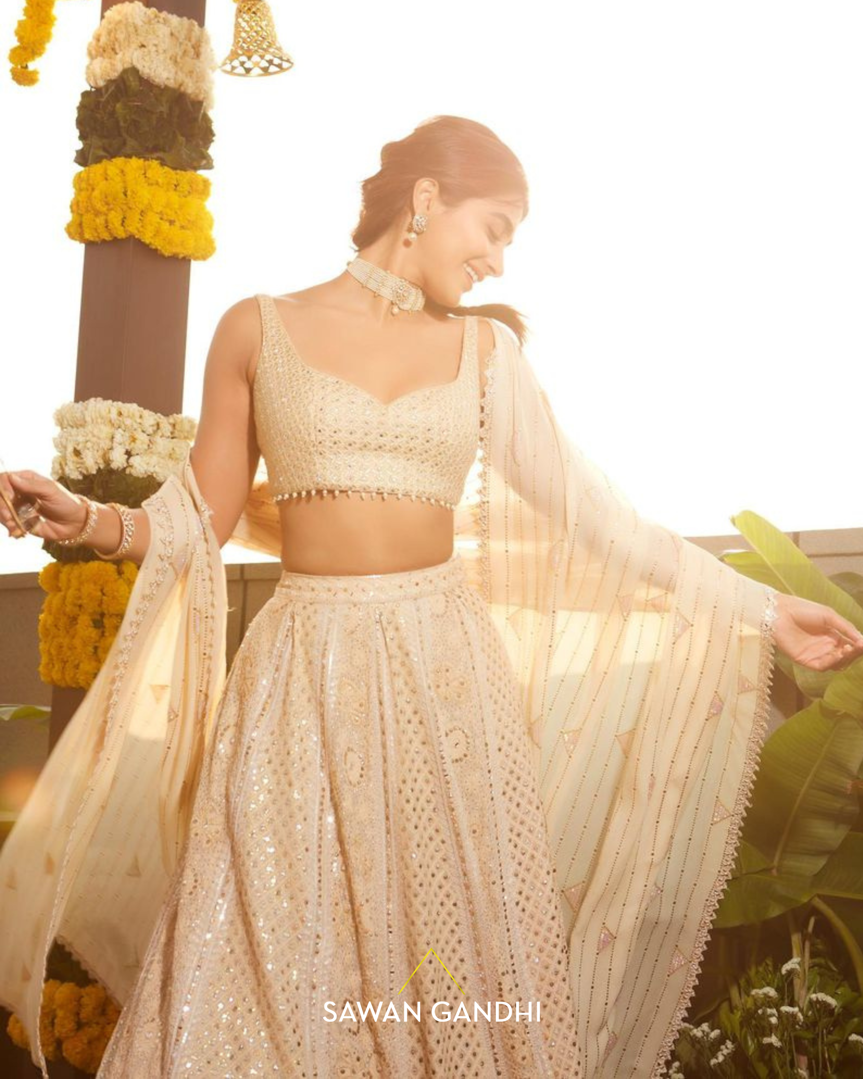 Pooja hegde in Gold chikankari lehnga set