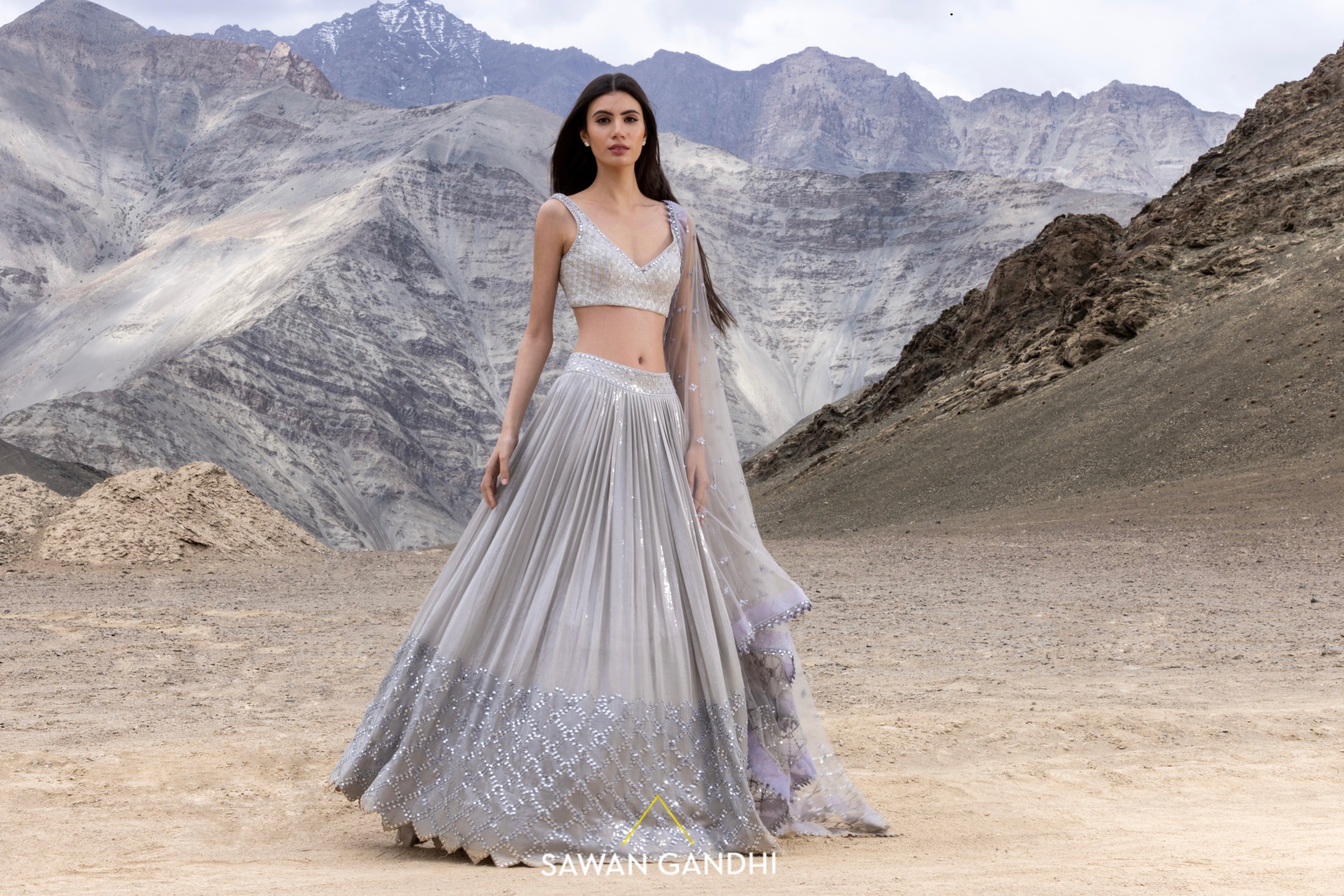 Shimmer grey sequin and mirror work lehenga set