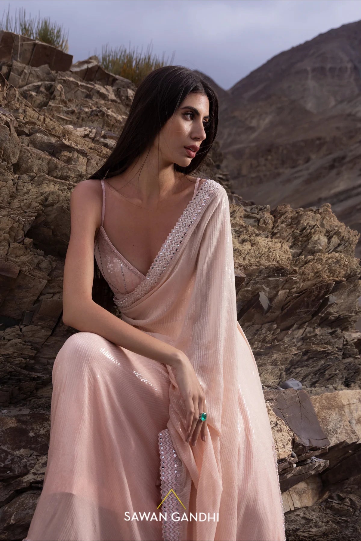 Peach paani sequins chikankari saree