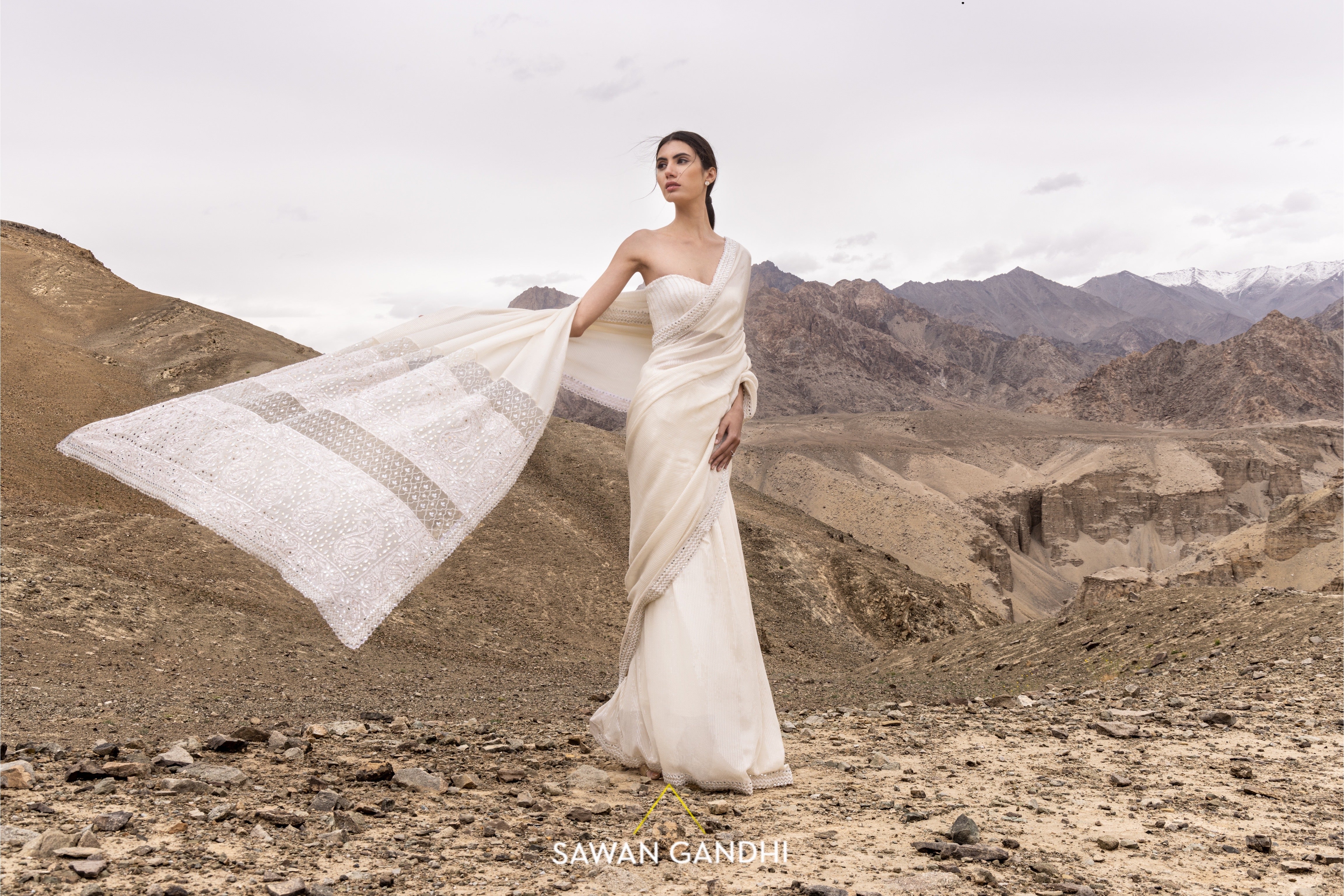 Ivory paani sequins chikankari saree