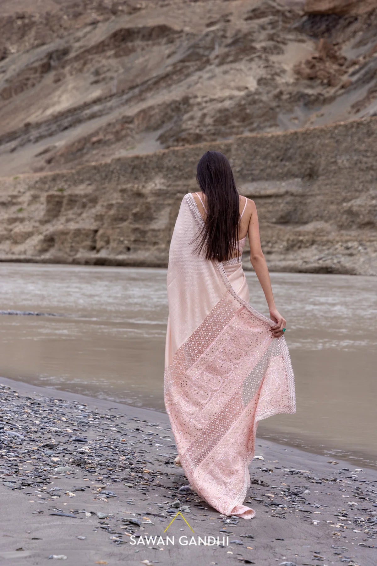 Peach paani sequins chikankari saree