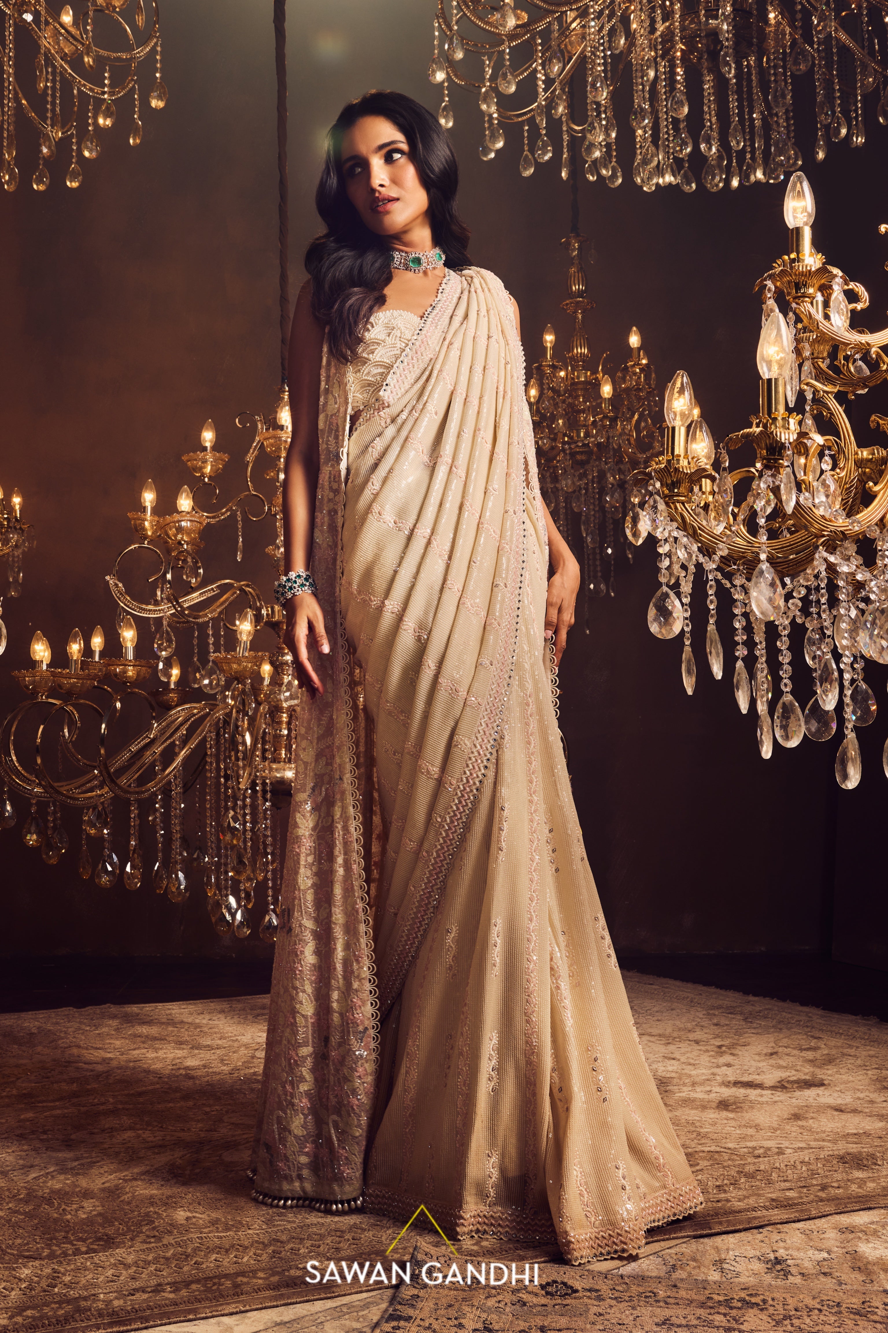Ivory sequins saree with pink leaf detail