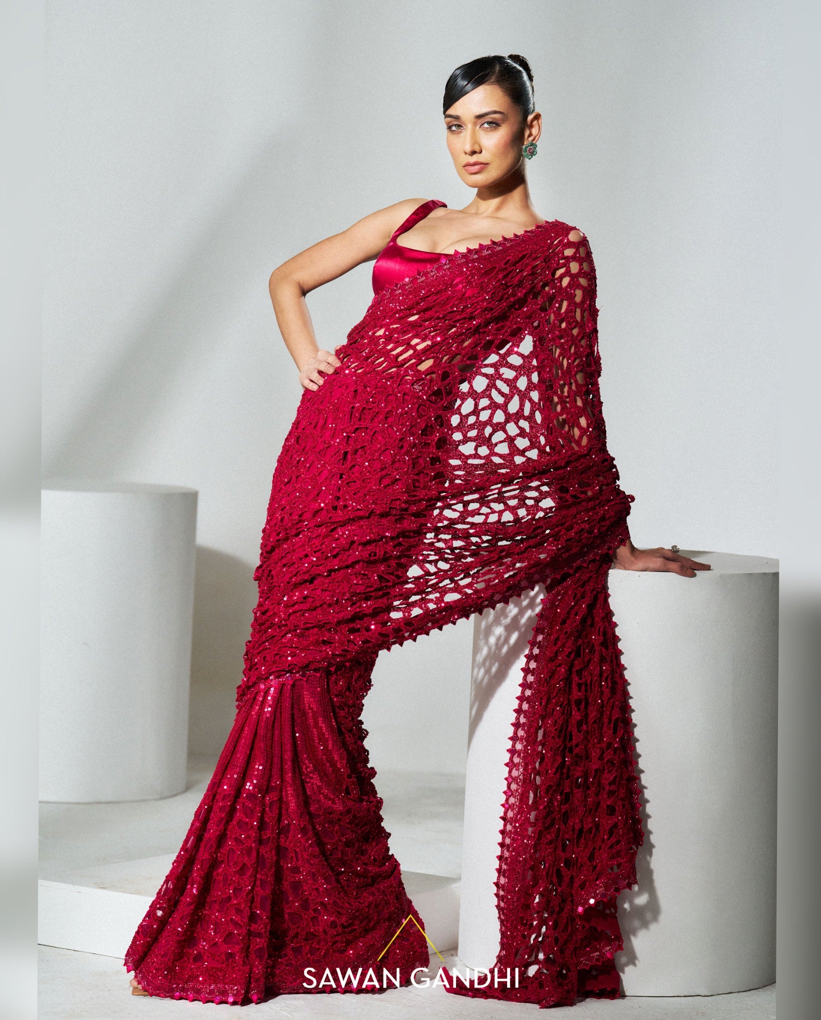 Ruby red cutwork saree