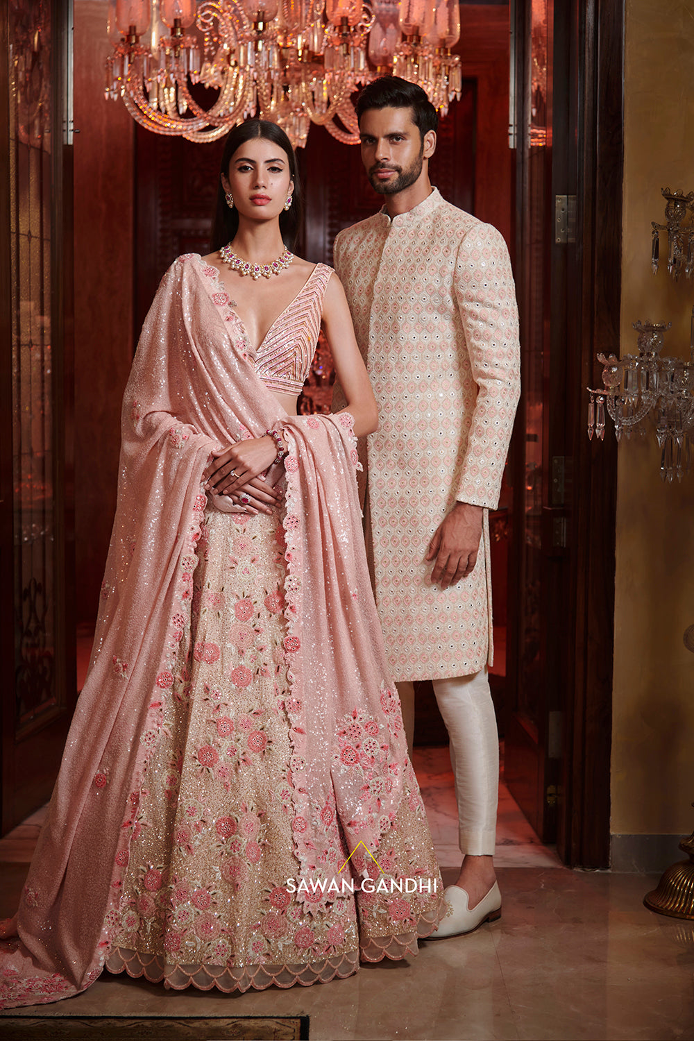 Sequin and applique work lehenga