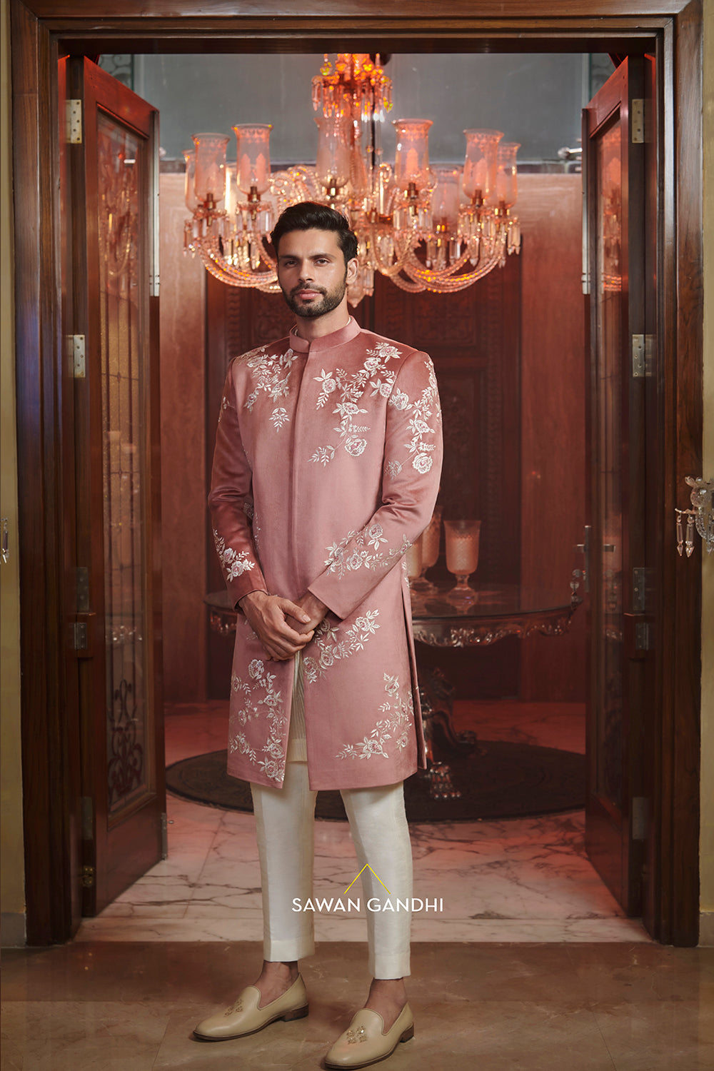 Dusky rose applique work sherwani